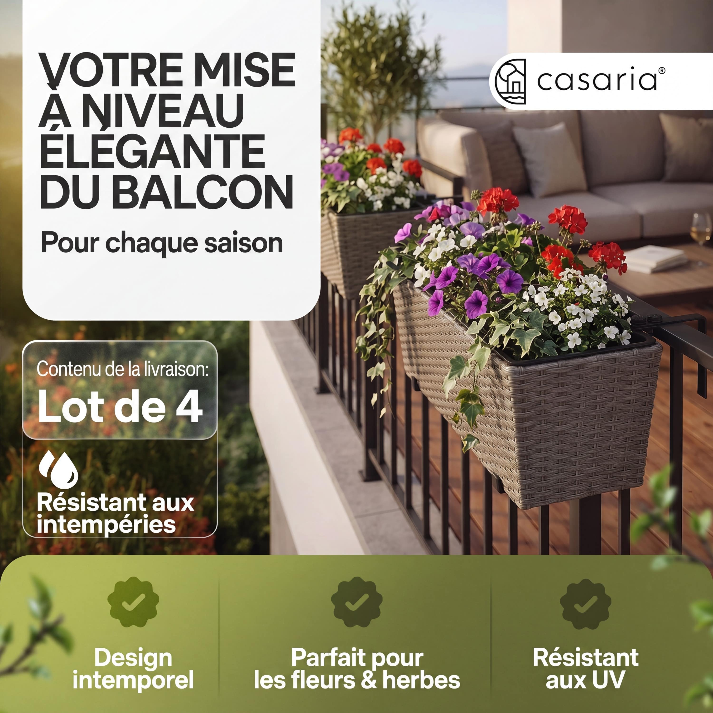 CASARIA Lot de 4x Bacs à fleurs en Polyrotin Crème - Rambarde, Balconnière - 2
