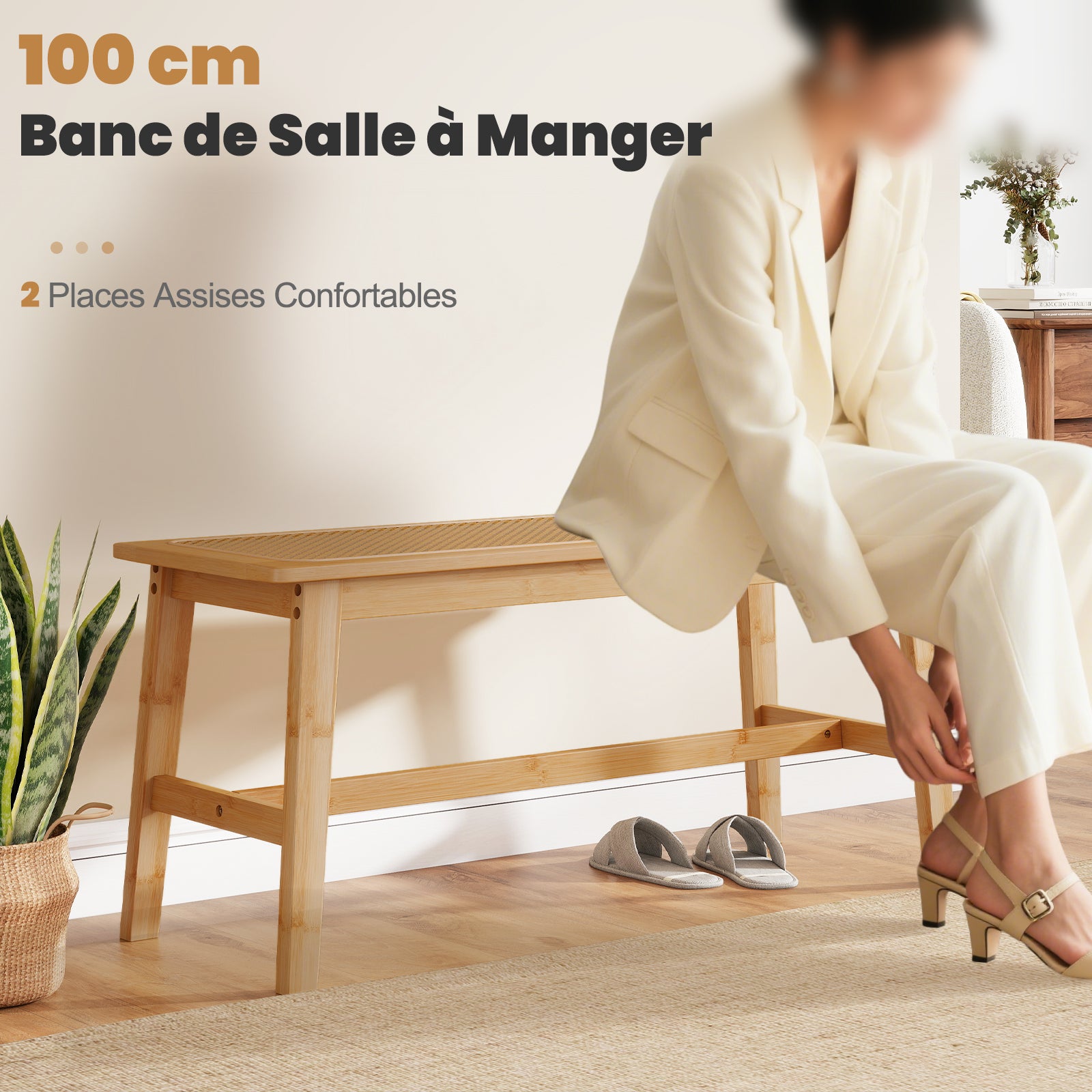 Banc de Salle à Manger en Bambou avec Assise en Rotin Tressé à la Main, Banc d'Intérieur pour Entrée, Ottomane pour Chaussures 100 x 35 x 45 cm - 4