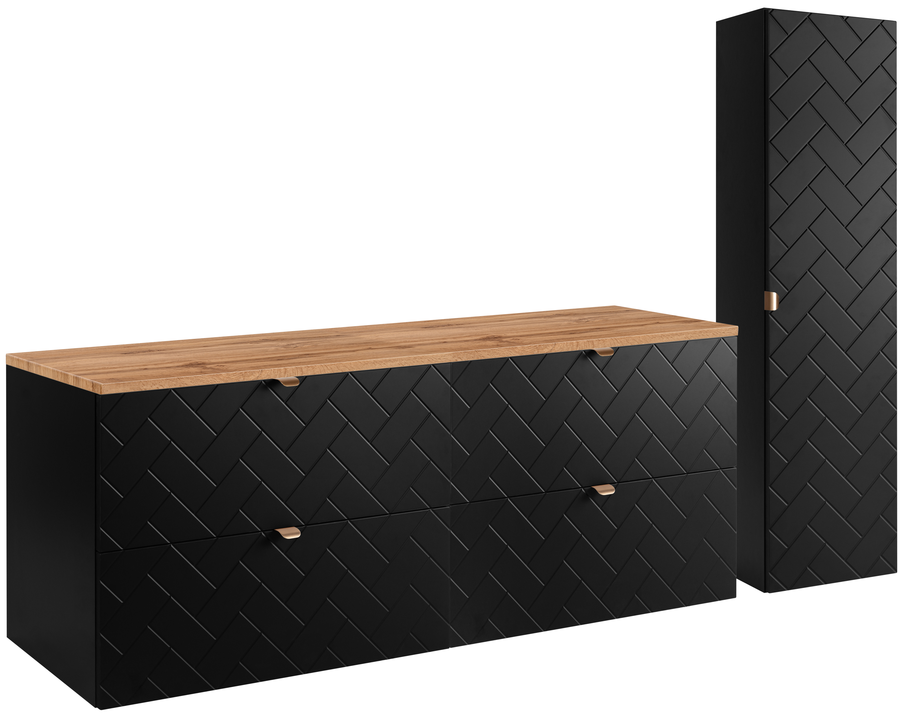 Czarny zestaw mebli łazienkowych MADIS szafka 160 cm z blatem dąb wotan i słupkiem ryflowany