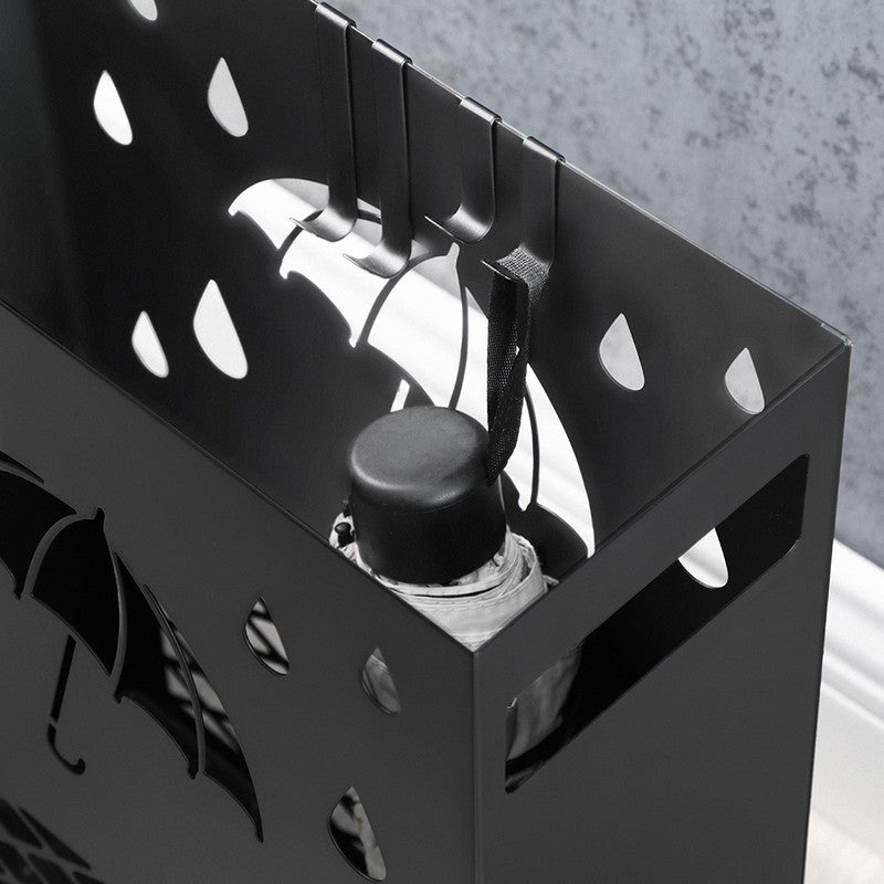 Porte-parapluies en métal, Support à rectangulaire, avec réceptacle d’eau amovible, 4 crochets, motifs ajourés, pour entrée, bureau, Noir - 7