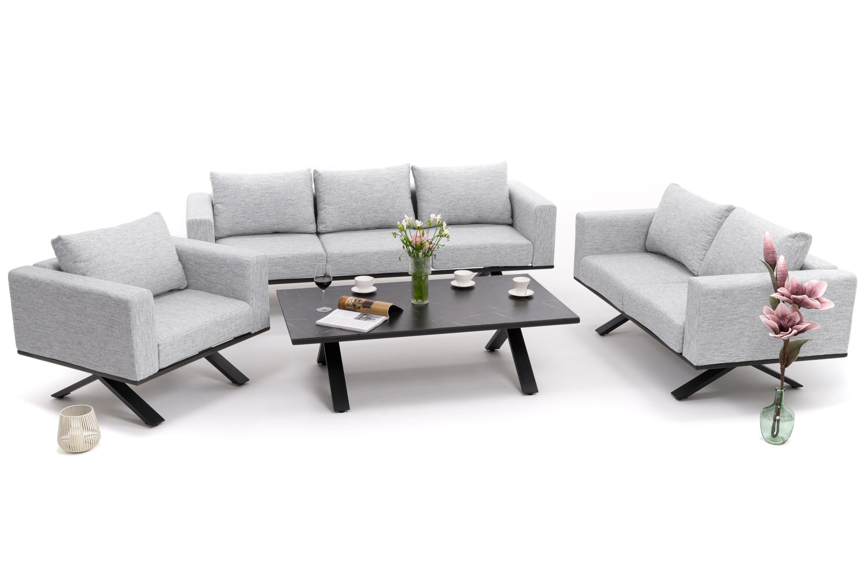 Zestaw mebli ogrodowych fotel sofa kanapa aluminiowy z blatem z płyty HPL MARABELLA szaro czarny