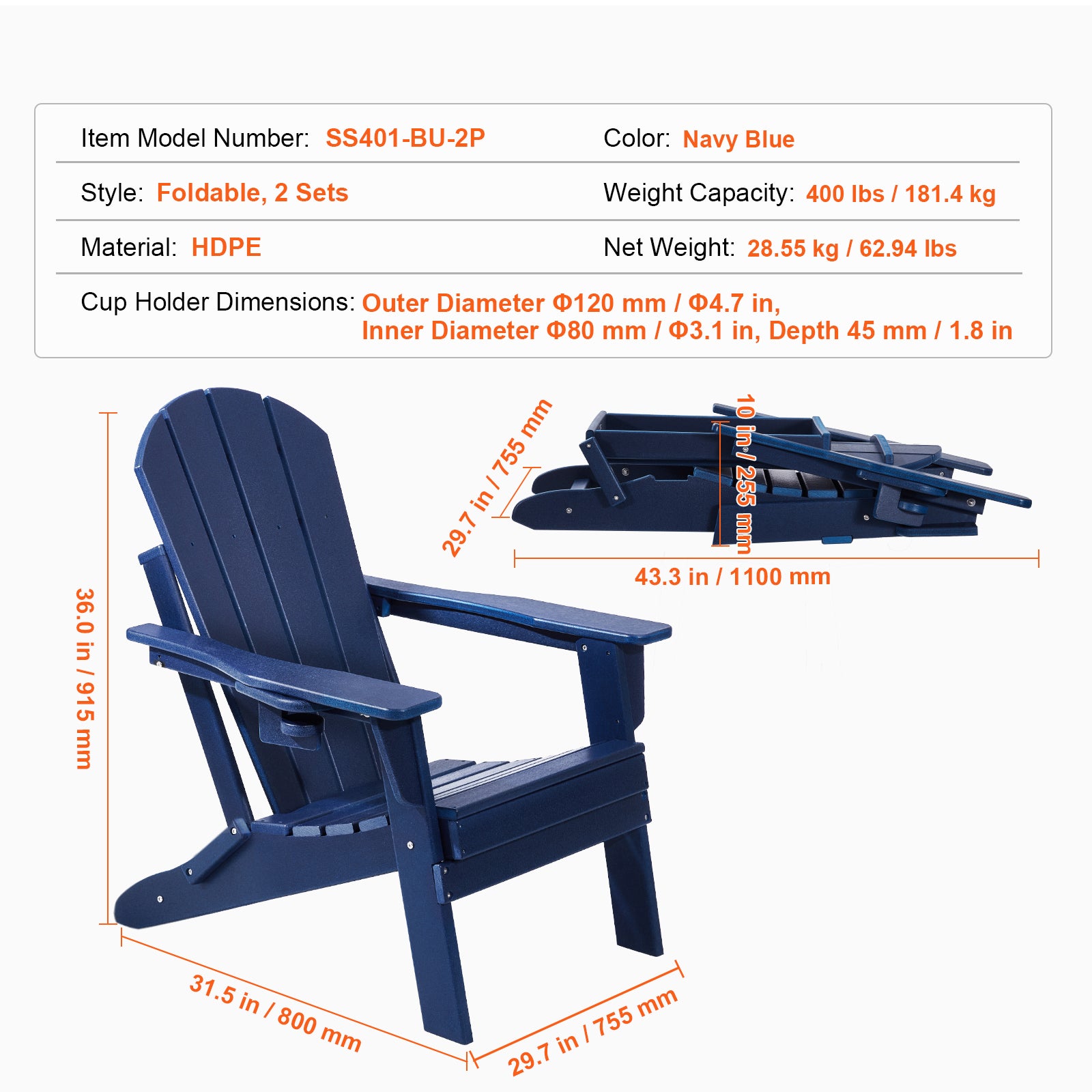 Set di 2 sedie Adirondack,SucceBuy sedie pieghevoli in plastica per tutte le stagioni con portabicchieri,braccioli ergonomici,blu navy - 9
