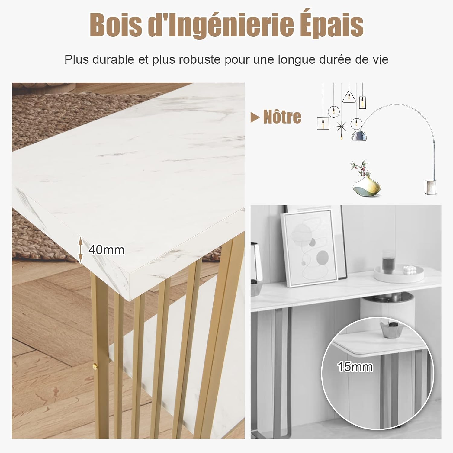 Table Console à 2 Niveaux, Cadre Métallique et Plateau de Marbre, Table d'Entrée de Dispositif Anti-Chute, Charge 50KG - 8