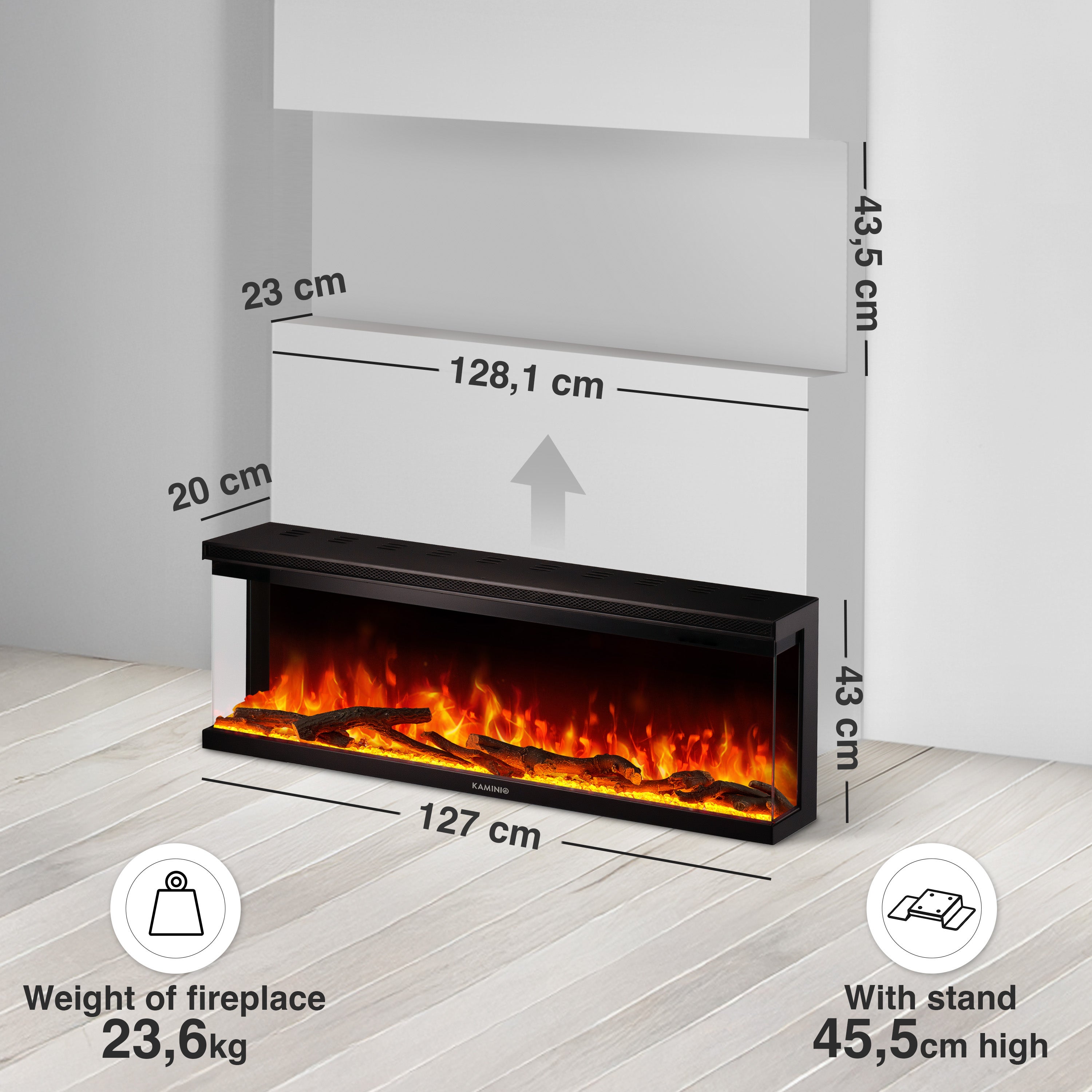 KAMINIO Chimenea eléctrica LEA - Chimenea 3en1 con vista panorámica, calefacción, llama 3D, 12 colores de llamas, mando a distancia - 50 pulgadas - 6