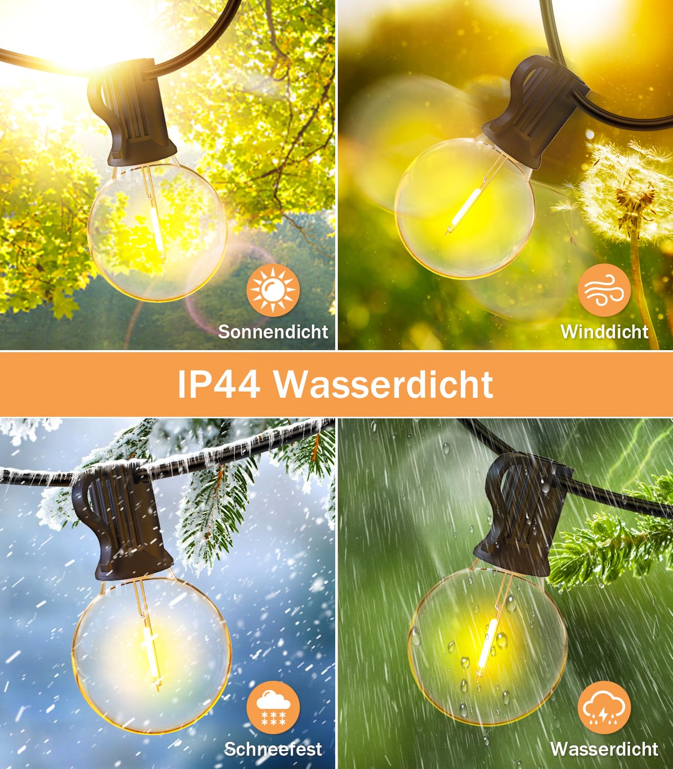 Guirnalda de luces LED para exterior de 30 m (100 pies) - Guirnalda de luces LED para jardín con 52 bombillas G40, IP44 de impermeabilidad, luz cálida - 4