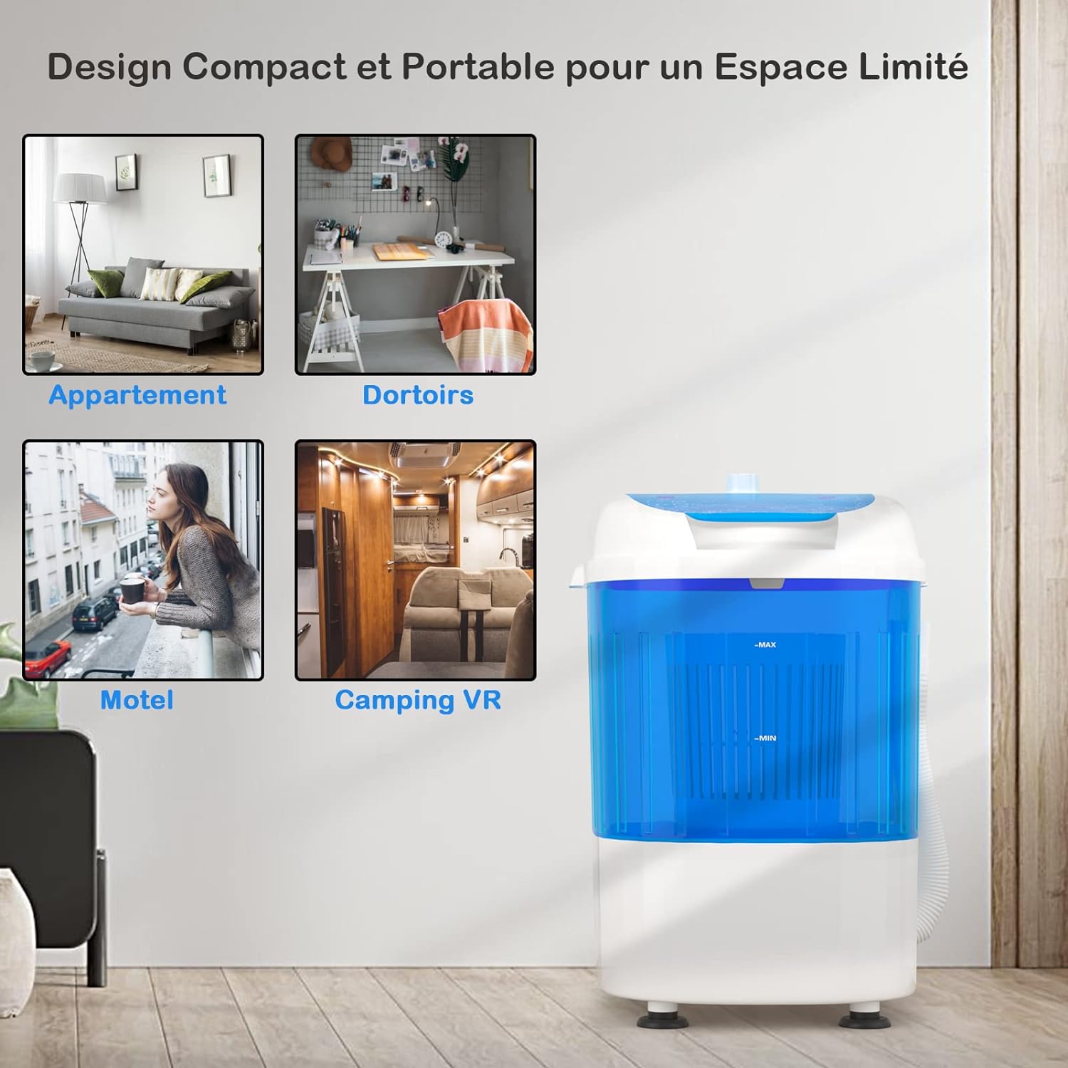 Mini lavadora de 2 kg con lavado rápido en 10 minutos - Lavadora semiautomática compacta y portátil - 36 x 34 x 51 cm, color azul - 7