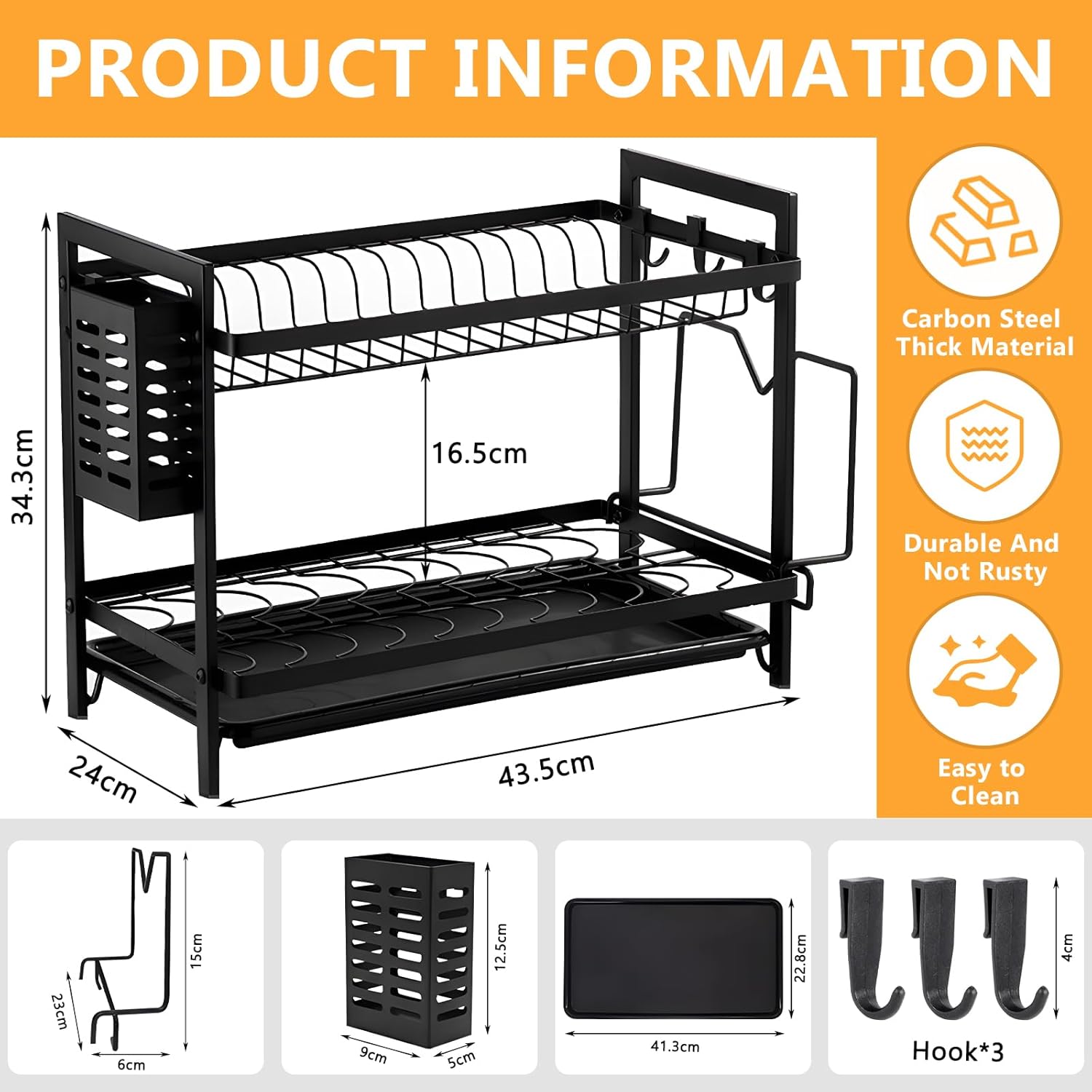 Escorredor de pratos de aço inoxidável cinza de 2 níveis para bancadas de cozinha, vem com talheres, porta-copos e escorredor de louça - 2