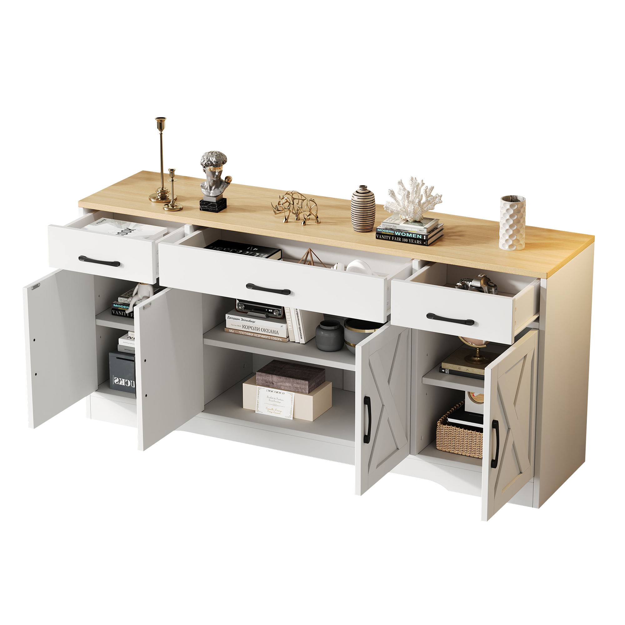 Buffet moderne avec 4 portes et 3 tiroirs - 160 x 37 x 75 cm - Bois MDF - Etagères réglables - Blanc et bois - 9