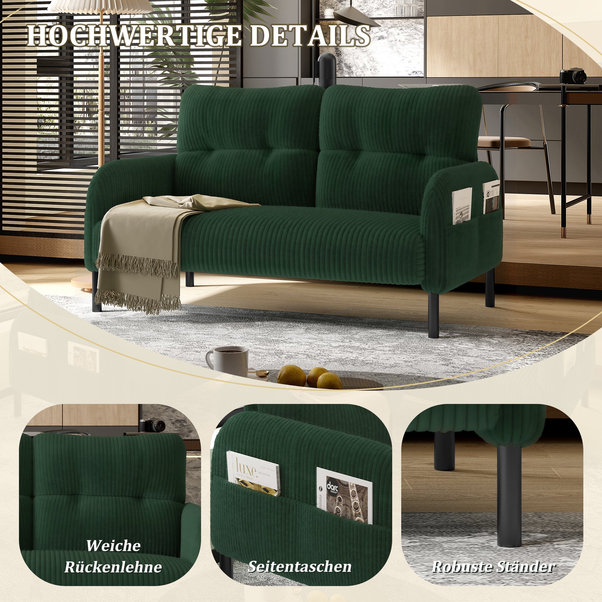 Canapé 2 places velours côtelé - Dossier haut pieds métal poches latérales pour salon/bureau - 5