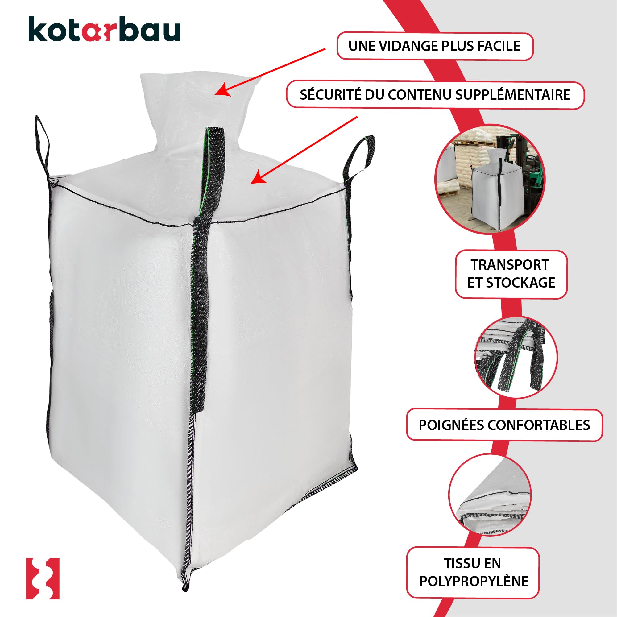 Sac Big Bag Vide, Sac Gravat Chantier 90 x 90 x 160 cm 1000 kg avec trémie de vidange - KOTARBAU - 4