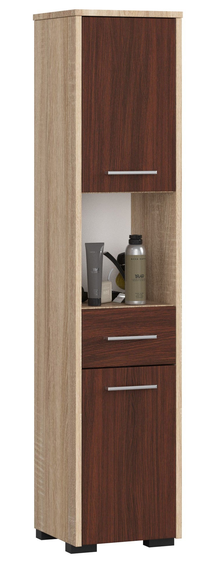 Wolnostojąca szafka łazienkowa: 1 szuflada, 2 drzwi, 5 półek, dąb Sonoma | wenge, szer.: 30 cm, wys.: 140 cm, gł.: 30 cm.
