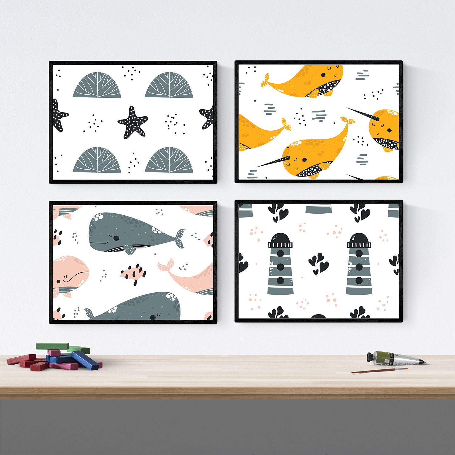 Set cuatro poster con ilustraciones de ballenas láminas con imágenes infantiles de ballenas ballenas naranja gris faro y estrella de mar sin marco a3
