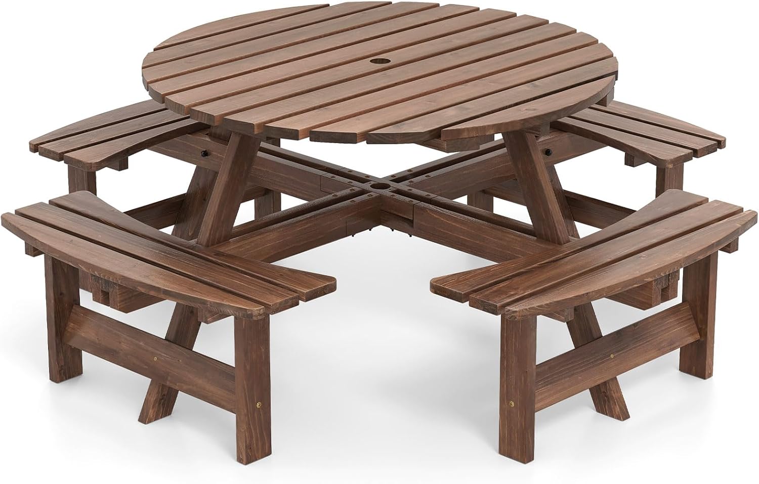 Table Pique-Nique Extérieur 8 Personnes, Table à Manger Jardin Ronde pour Patio avec 4 Bancs Intégrés, Trou Paraso 5 cm, Charge 100+250KG*4 (Marron) - 5