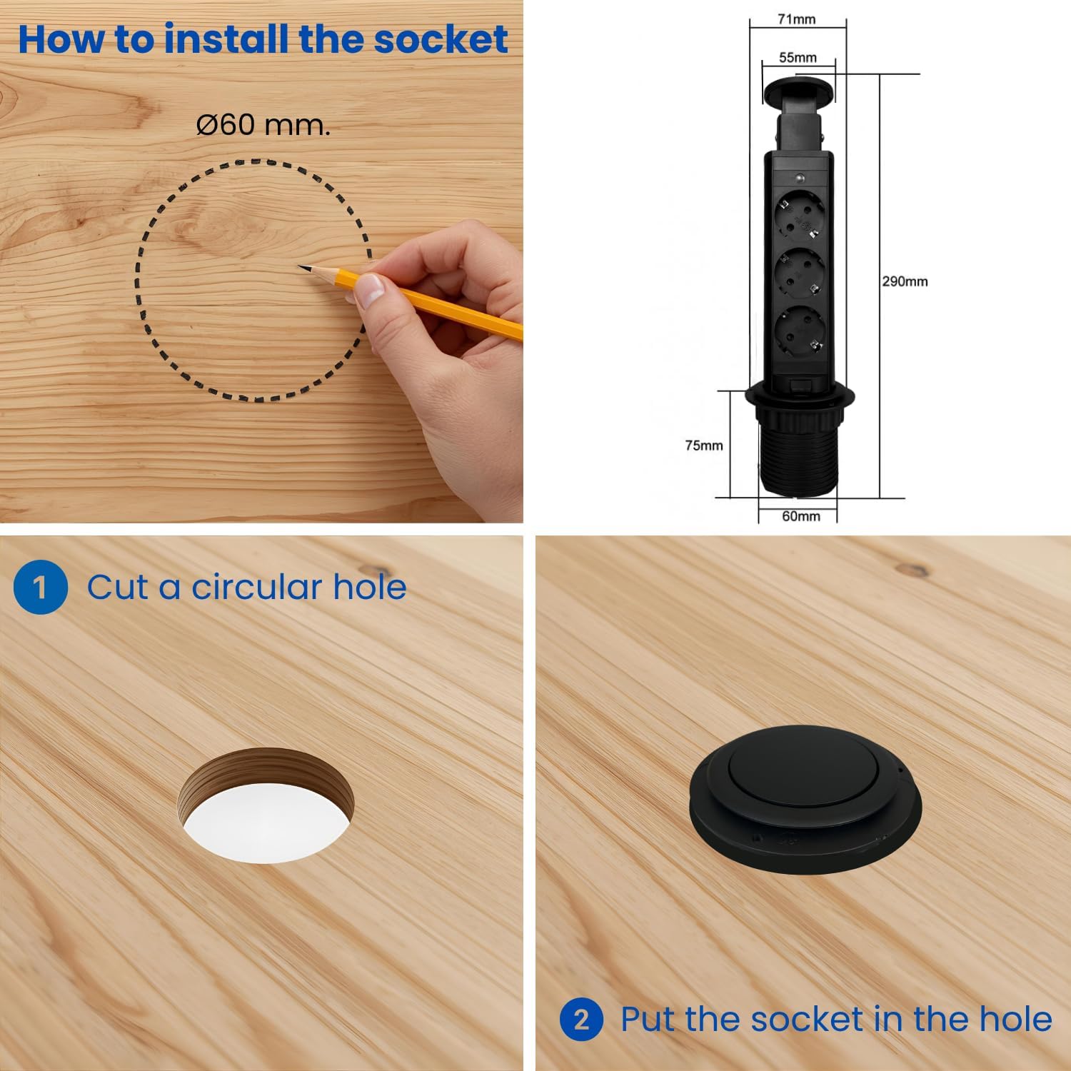 Multiprise Verticale Escamotable avec 3 Prises Schuko, Ouverture Push et Câble 1,8 m. Pour Bureau, Table, Cuisine et Bureau (Couleur Noir) - 3