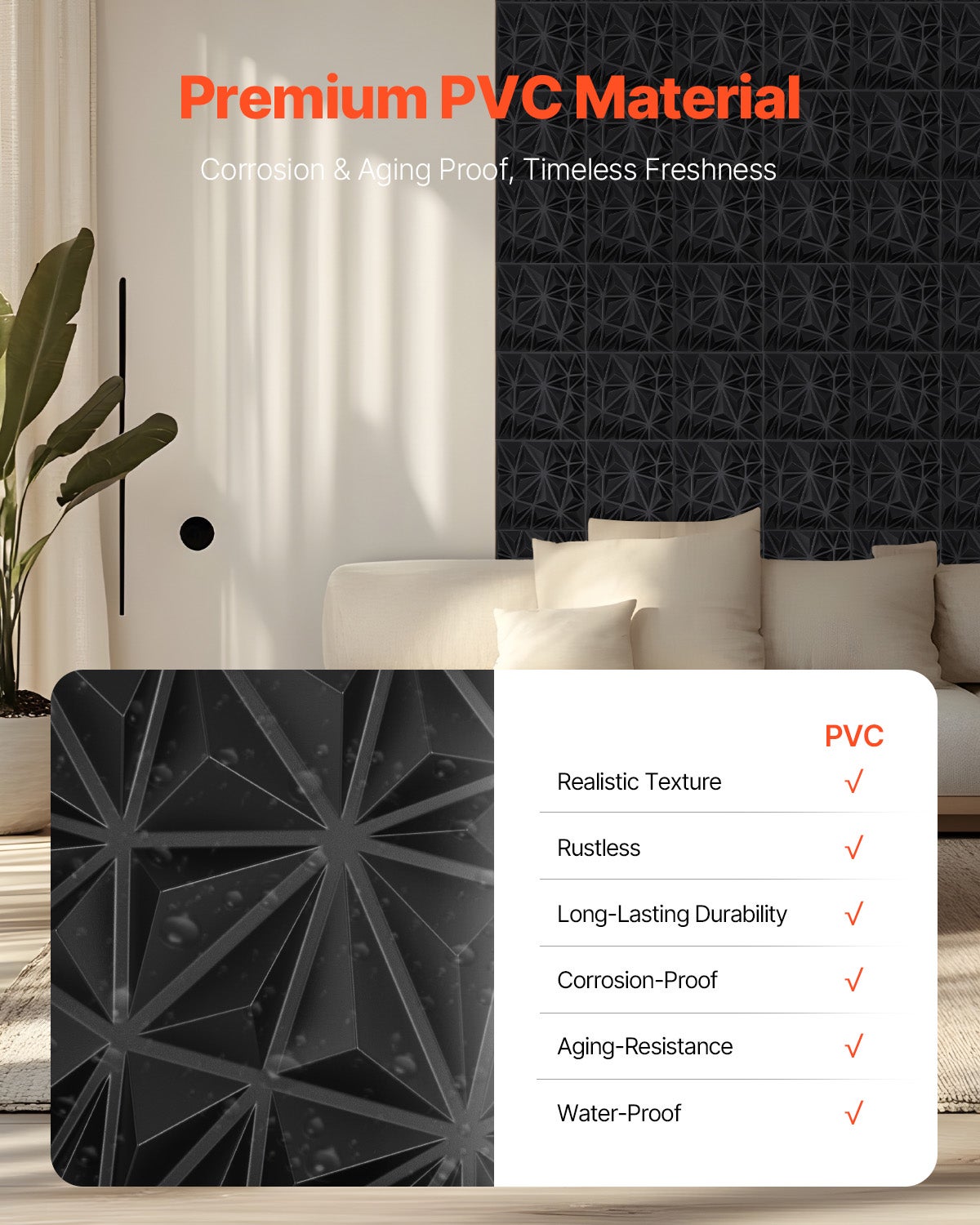 Panneaux muraux VEVOR 3D,33 carreaux diamant PVC 11,81 x 11,81 po,couverture 32 pi²,pour plafond,chambre,salon et salle de jeux,noir mat - 4