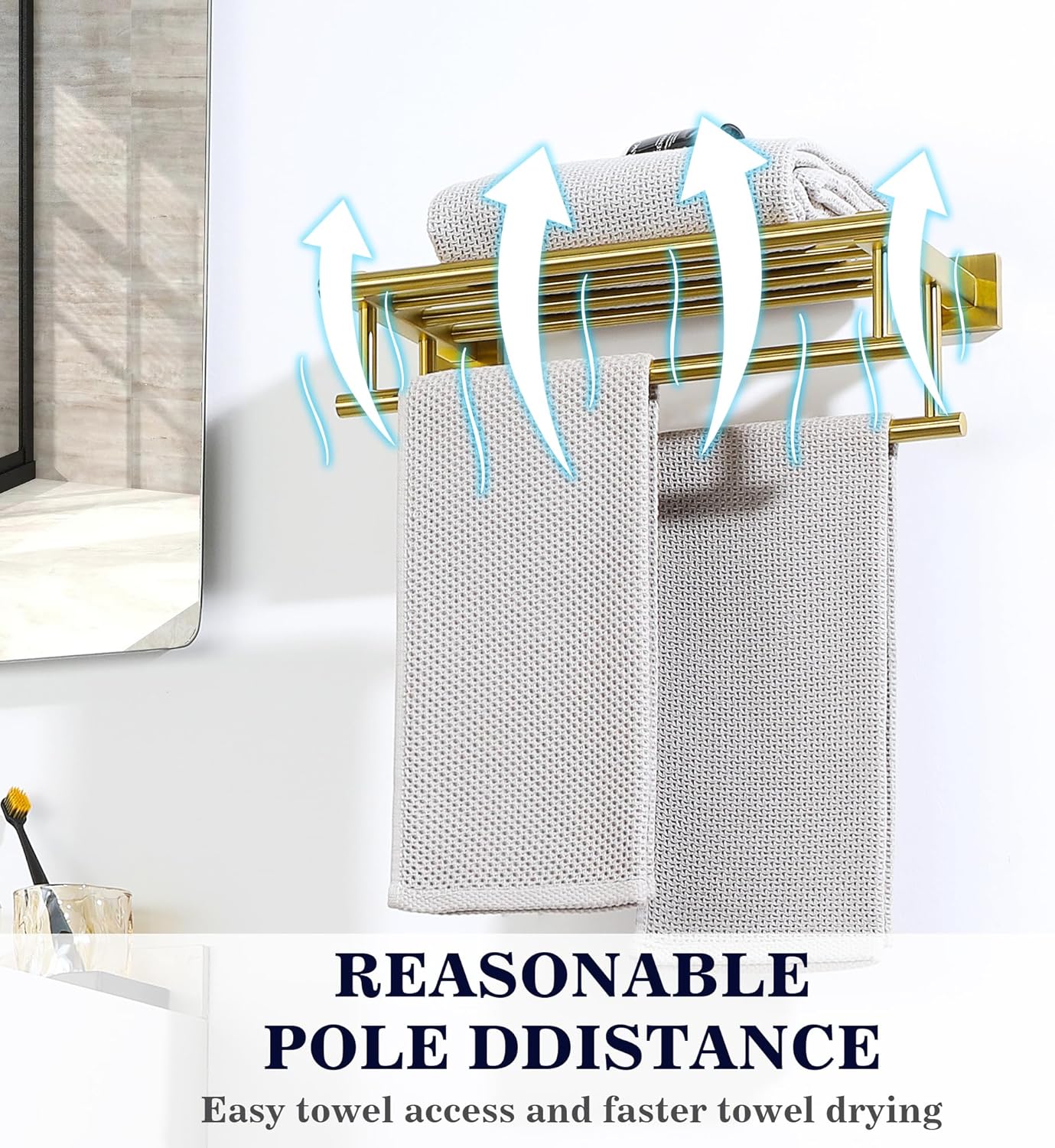 Porte-serviettes, porte-serviettes avec porte-serviettes double, support tour mural pour salle de bain et WC, doré 70 cm - 3