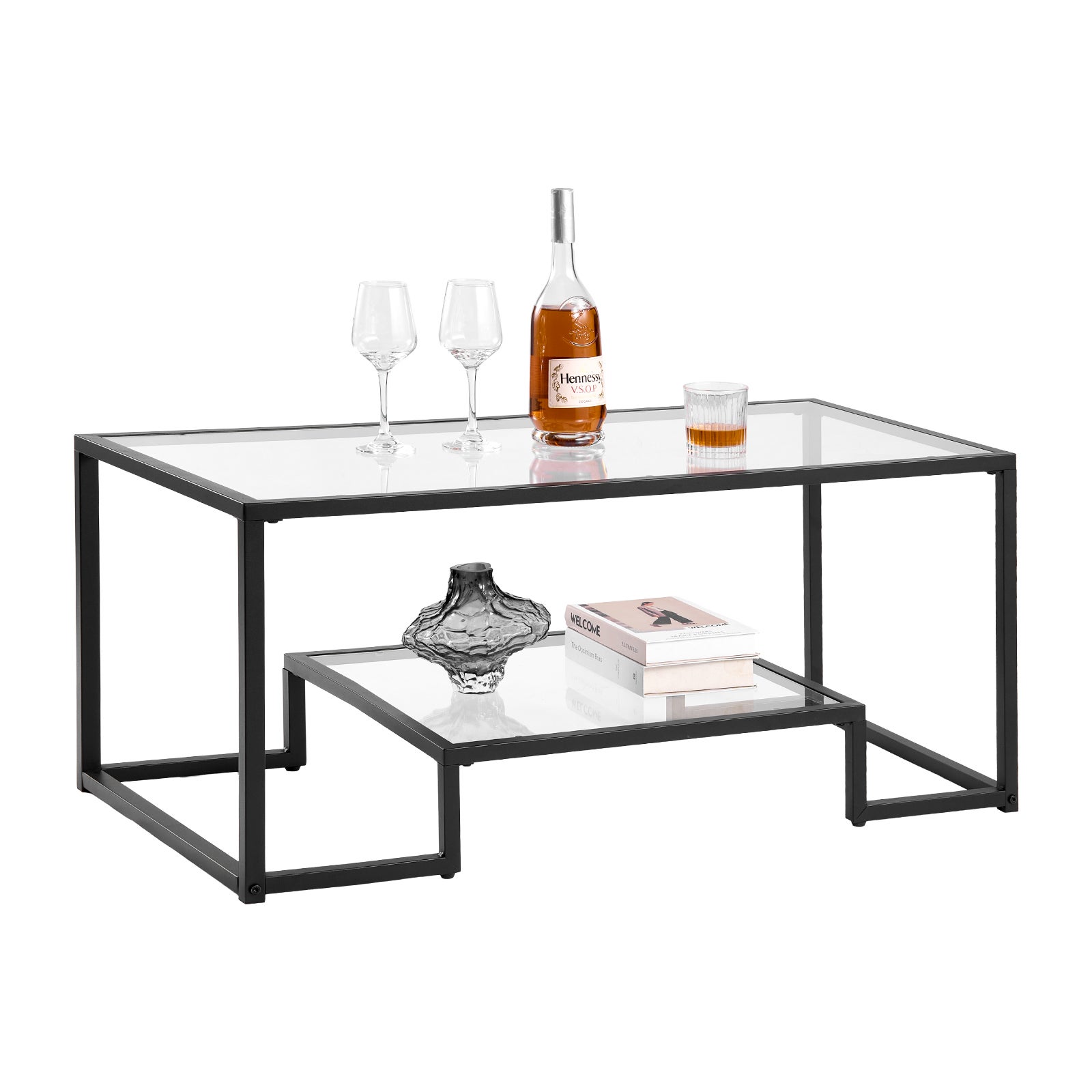 Stolik kawowy VEVOR ze szkła hartowanego, prostokątny 2 poziomy 100 x 51 cm, metalowa konstrukcja, do salonu i biura