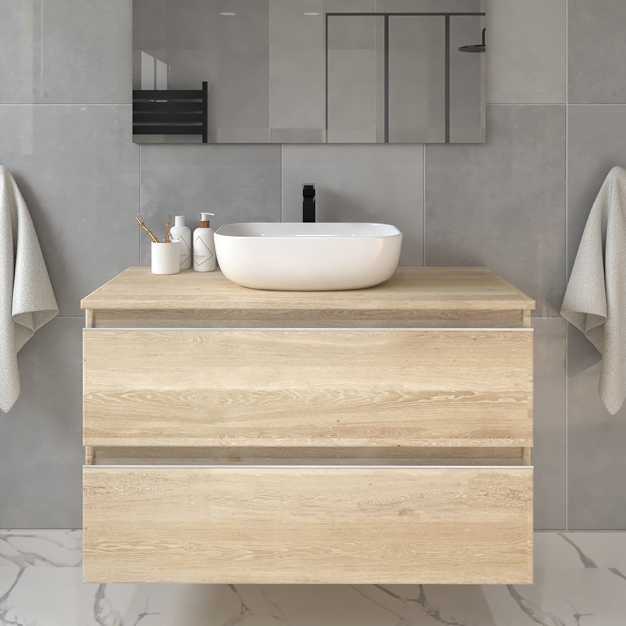 Meuble de salle de bain 2 tiroirs avec vasque à poser arrondie BALEA et miroir rond Led SOLEN - Bambou (chêne clair) - 70cm - 2