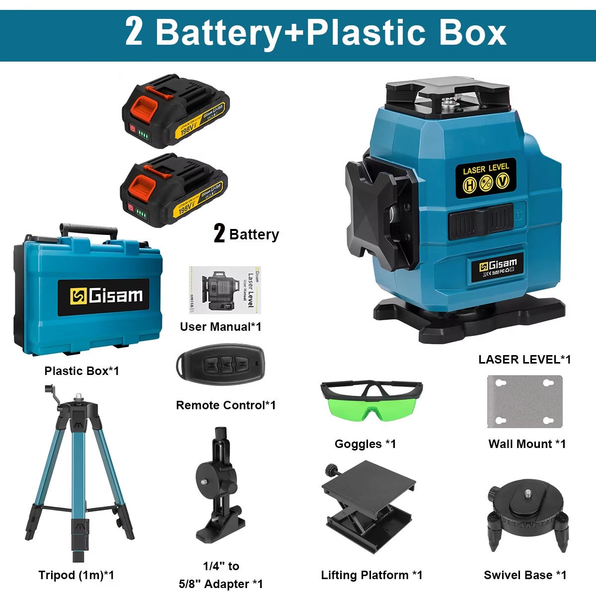 OBOSOE Livella laser 4D a 16 linee, laser professionale a 360° verticale e orizzontale, compatibile con batterie Makita da 18 V (2 batterie). - 3