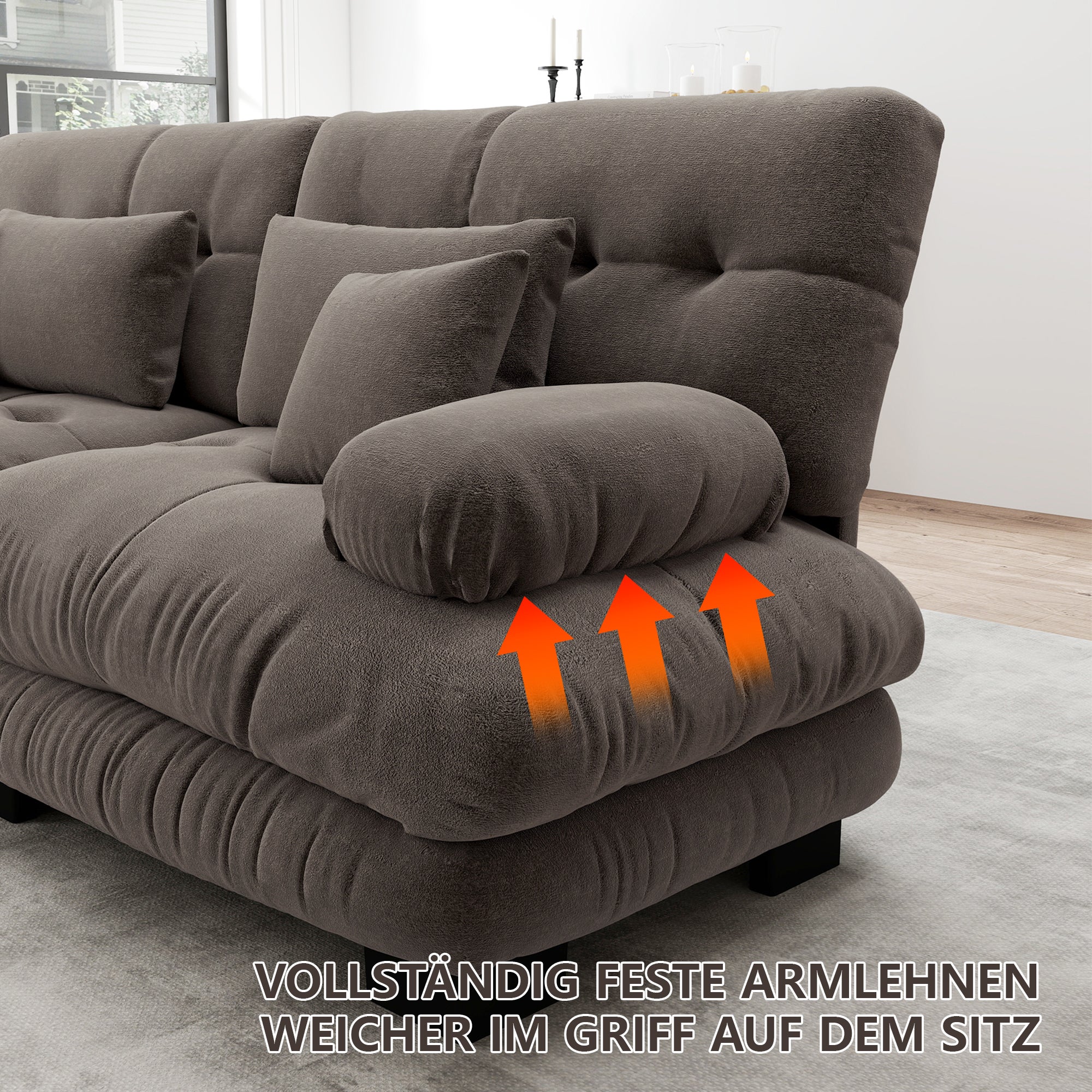 Canapé d'angle extra large en forme de L,Canapé nuage 3 places avec 1 repose-pieds,Canapé modulable avec coussins lombaires,Chenille,Marron - 9