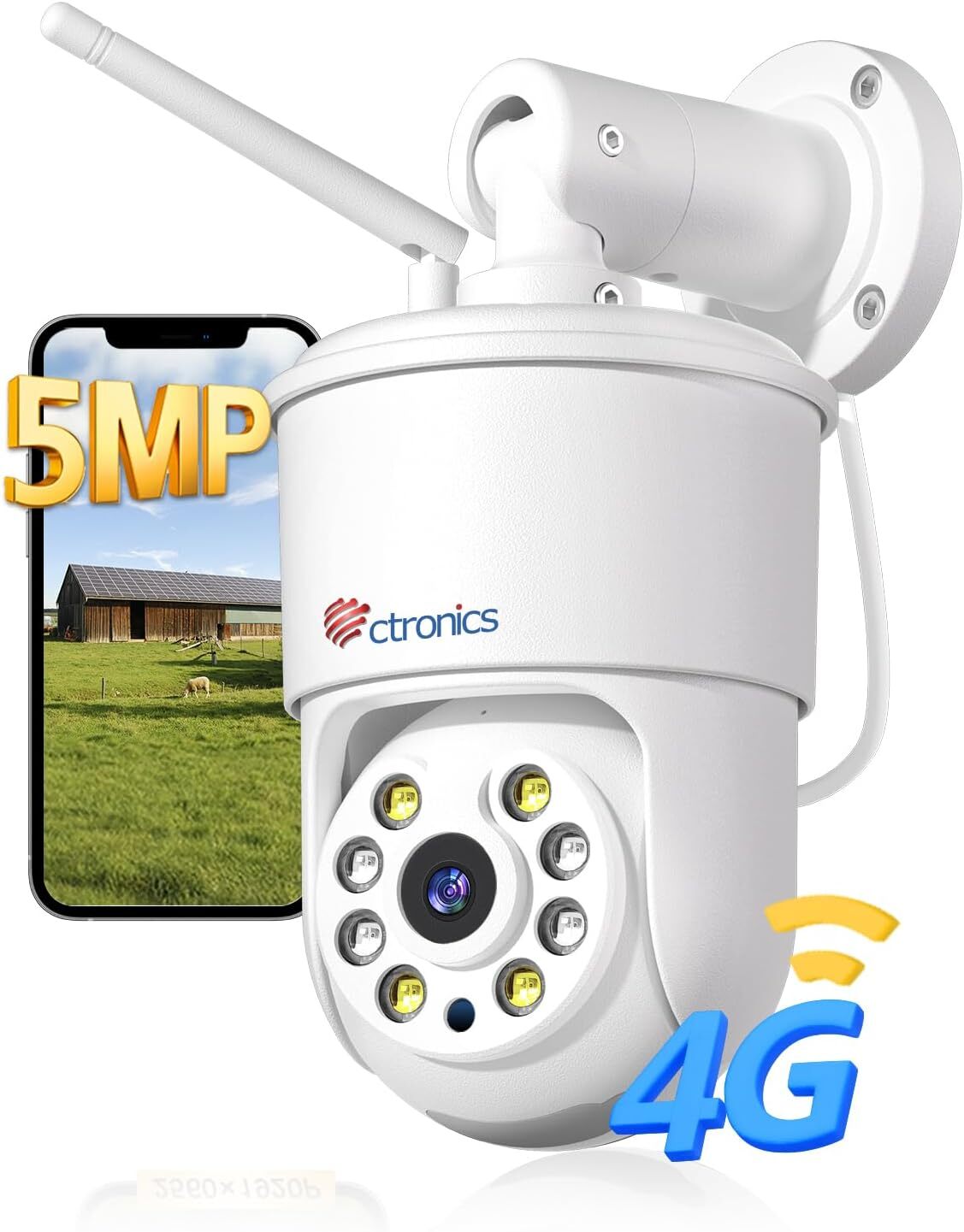 Ctronics 5MP Zewnętrzna Kamera Monitoringowa, 3G/4G LTE z Kartą SIM, Wykrywanie Ludzi/Pojazdów/Zwierząt, Automatyczne Śledzenie, Cloud/128GB TF