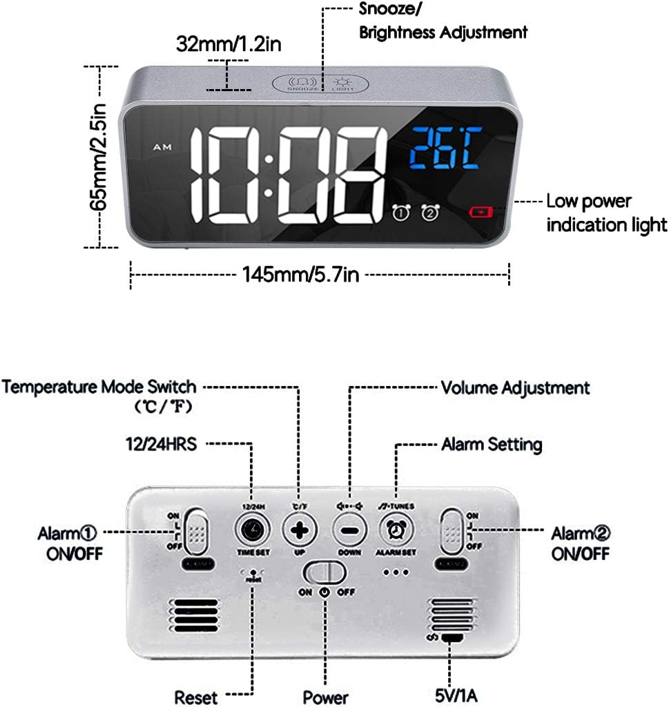 Réveil numérique, réveil LED avec fonction snooze, chargement USB (argent) - 2