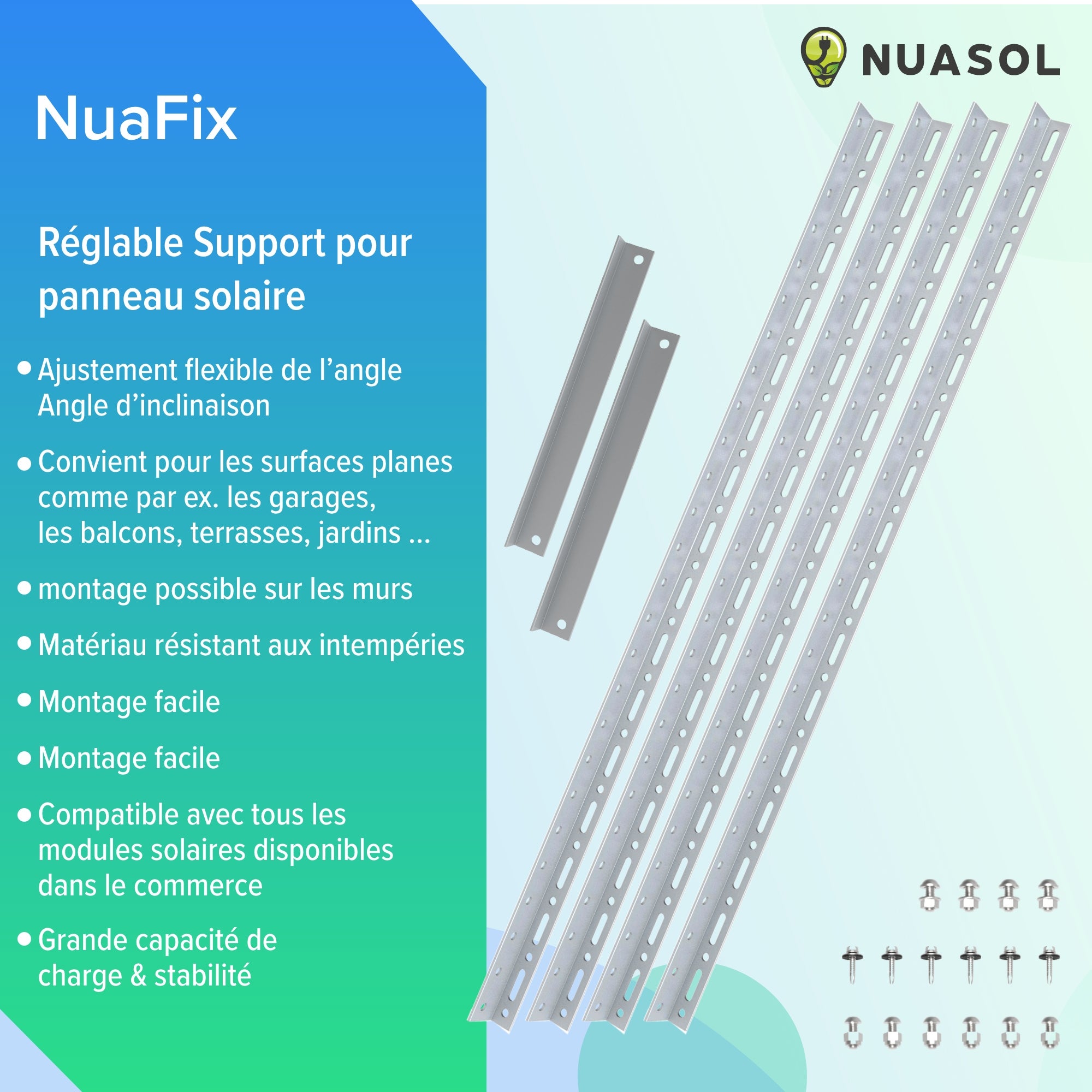 NUASOL Support pour panneau solaire jusqu'à 105 cm Toit plat PV Réglable de 0 à 90 ° Kit Aluminium Matériel de montage - 3