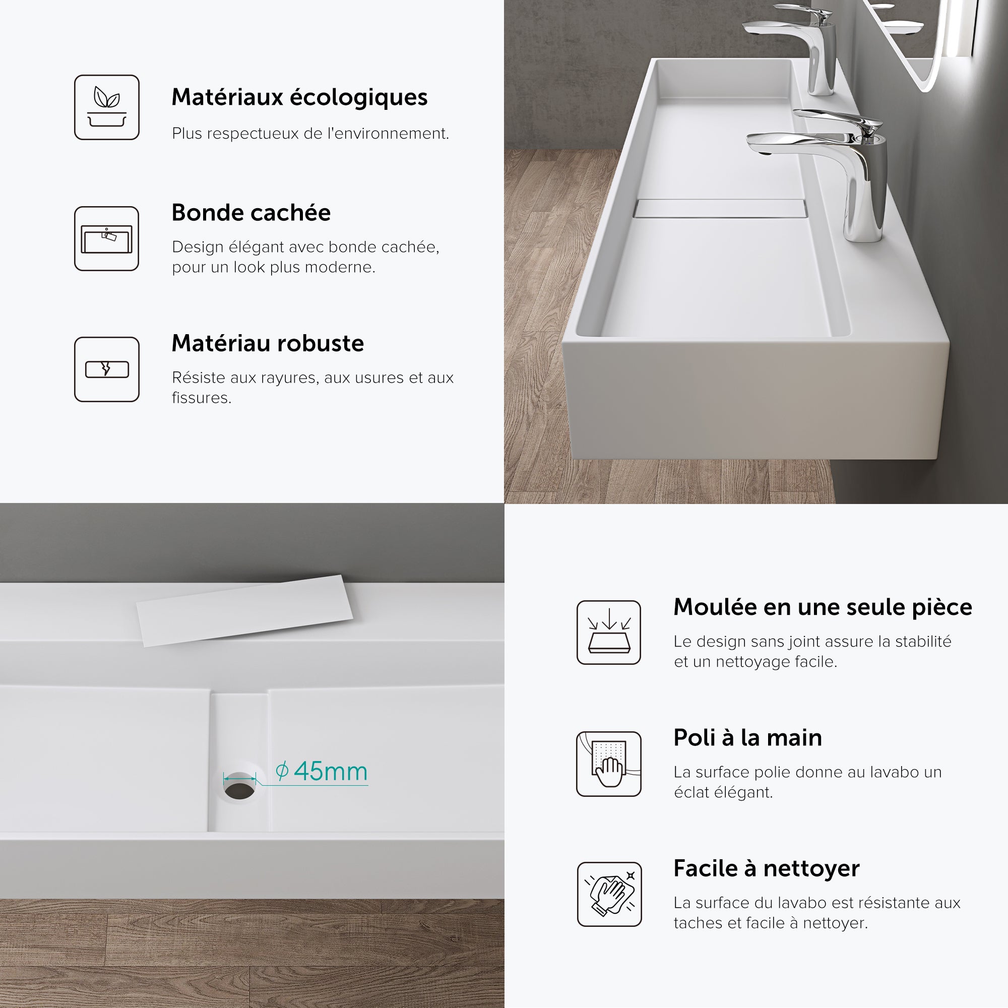 doporro Vasque à Poser Blanc Mat Lavabo de Salle de Bains Suspendu 120cm Lave Mains Rectangulaire avec Cache Bonde Colossum6028 - 5