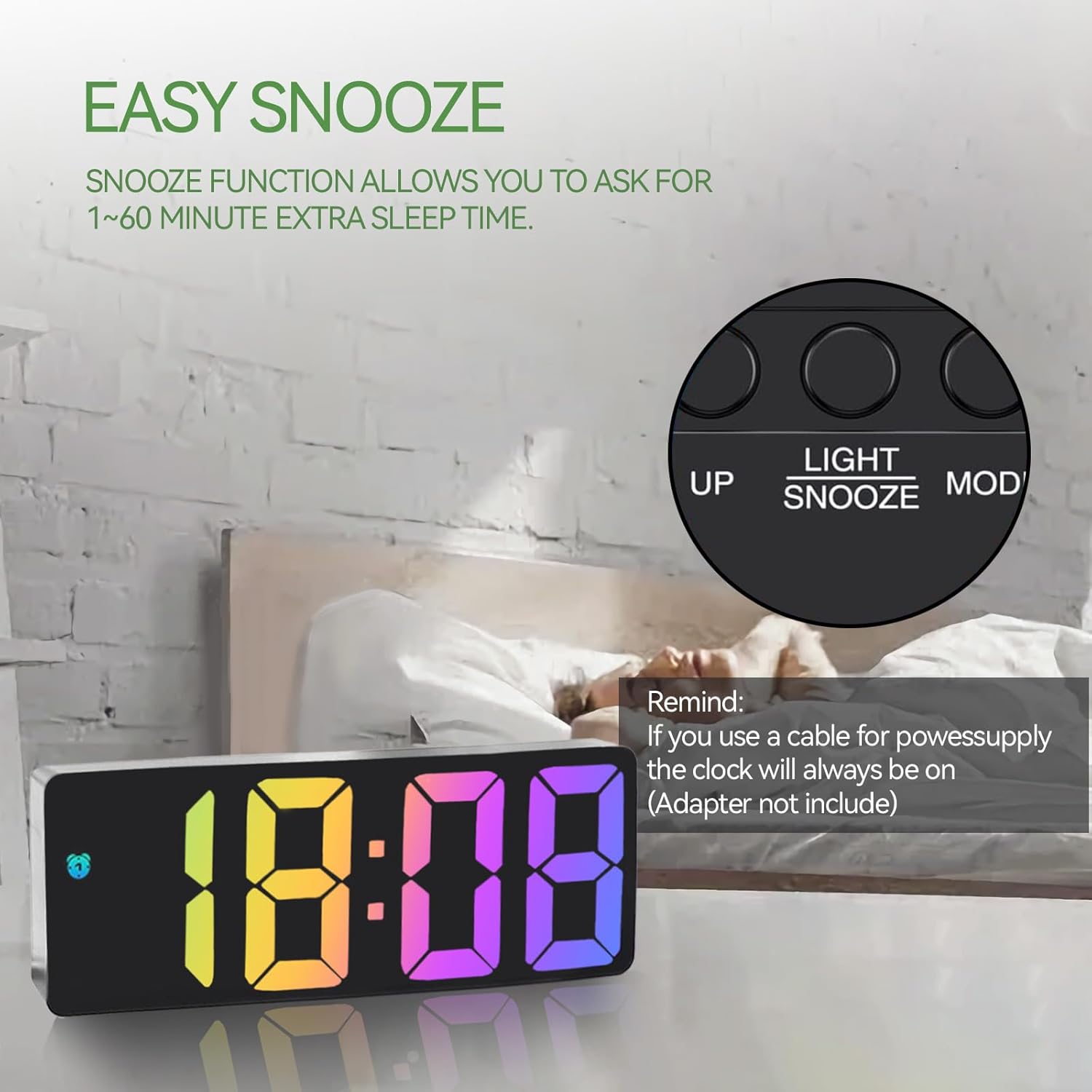 Réveil numérique, réveil de chevet avec grand écran LED, alimentation USB/piles, affichage de la température, date, fonction snooze, 3 niveaux de lu - 4