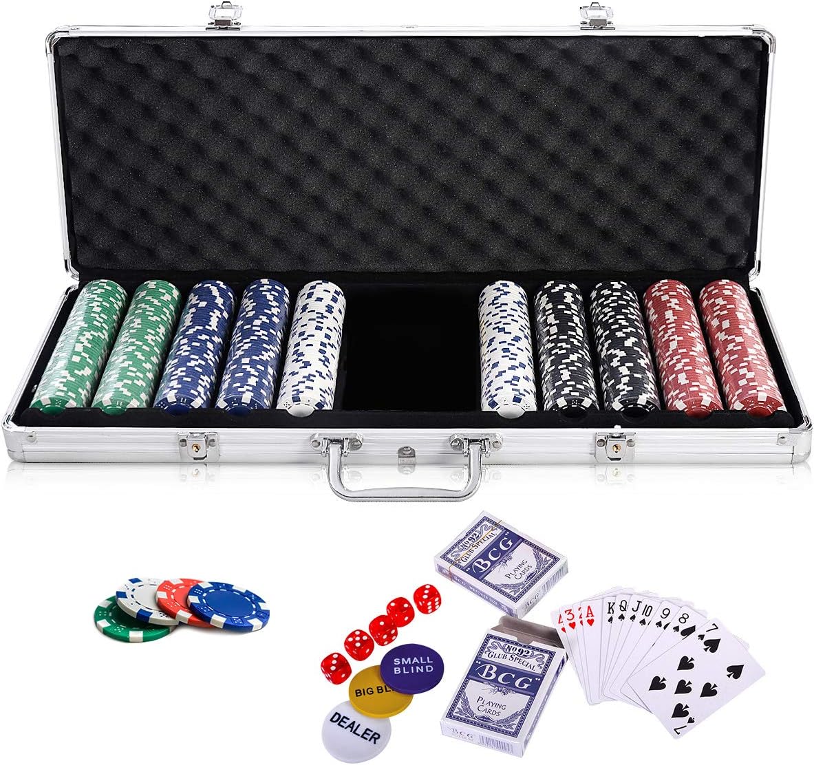 Profesjonalna Aluminiowa Walizka do Pokera Texas z Żetonami 300/500/1000, Talią Kart, Kartami Krupiera, Matą (500 Żetonów bez Numerów, Srebrne)