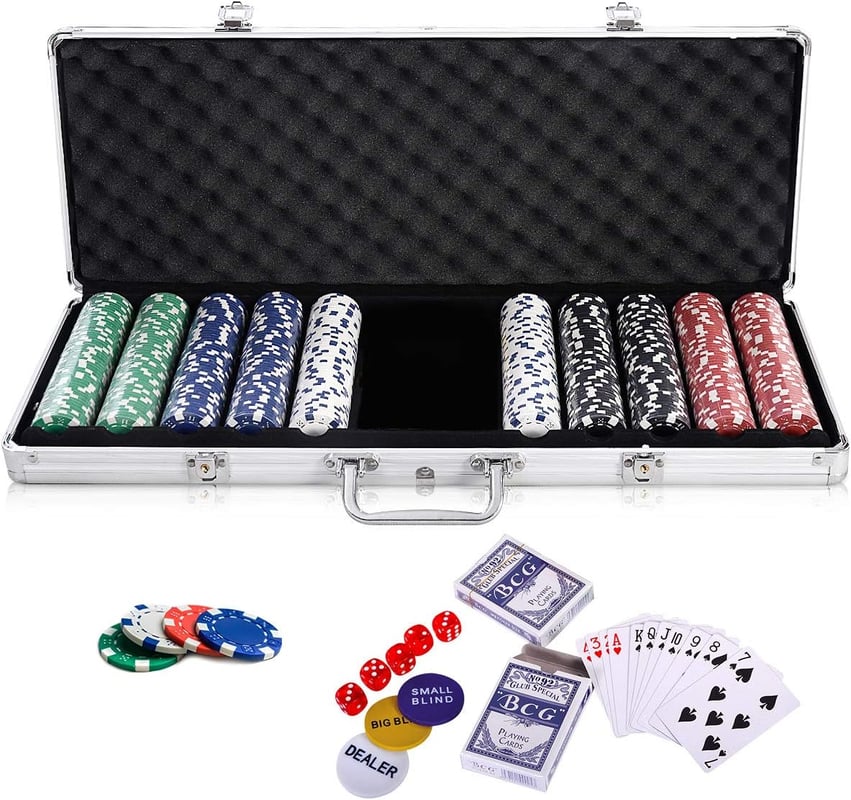 Profesjonalna Aluminiowa Walizka do Pokera Texas z Żetonami 300/500/1000, Talią Kart, Kartami Krupiera, Matą (500 Żetonów bez Numerów, Srebrne)