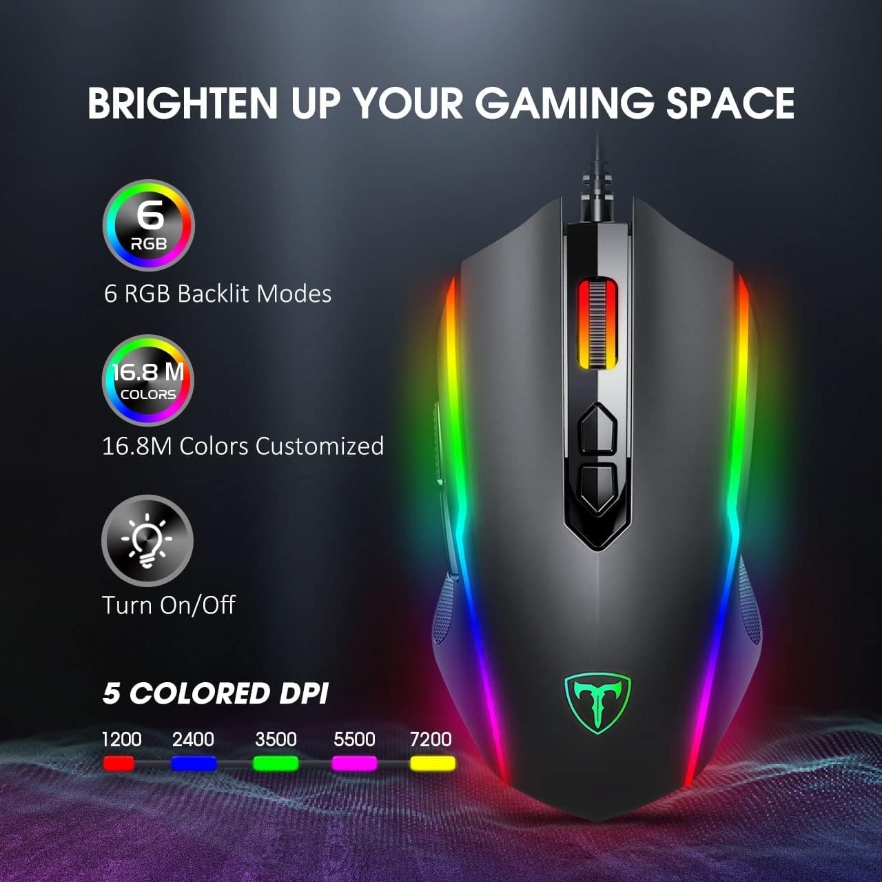 Mouse da gioco cablato, mouse da gioco per PC, sensore di gioco DPI avanzato a 5 livelli e 7200, ergonomico, 8 pulsanti programmabili, compatibile co - 2