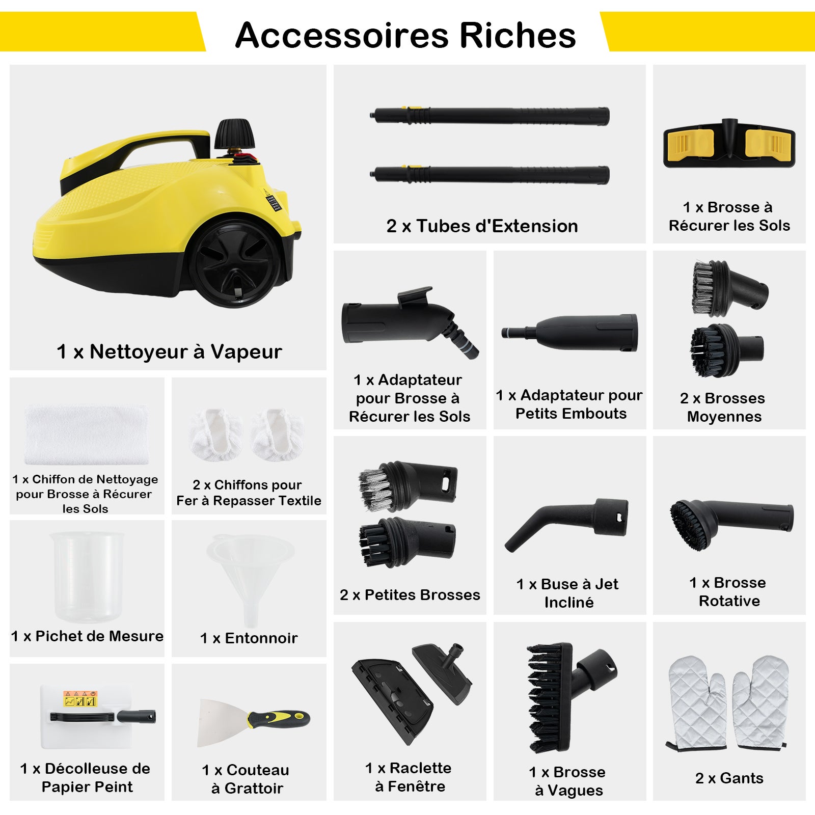 Limpador a vapor com conjunto de 15 acessórios, vaporizador com reservatório de 1,9 L, rodas e bloqueio de segurança, (amarelo) - 8