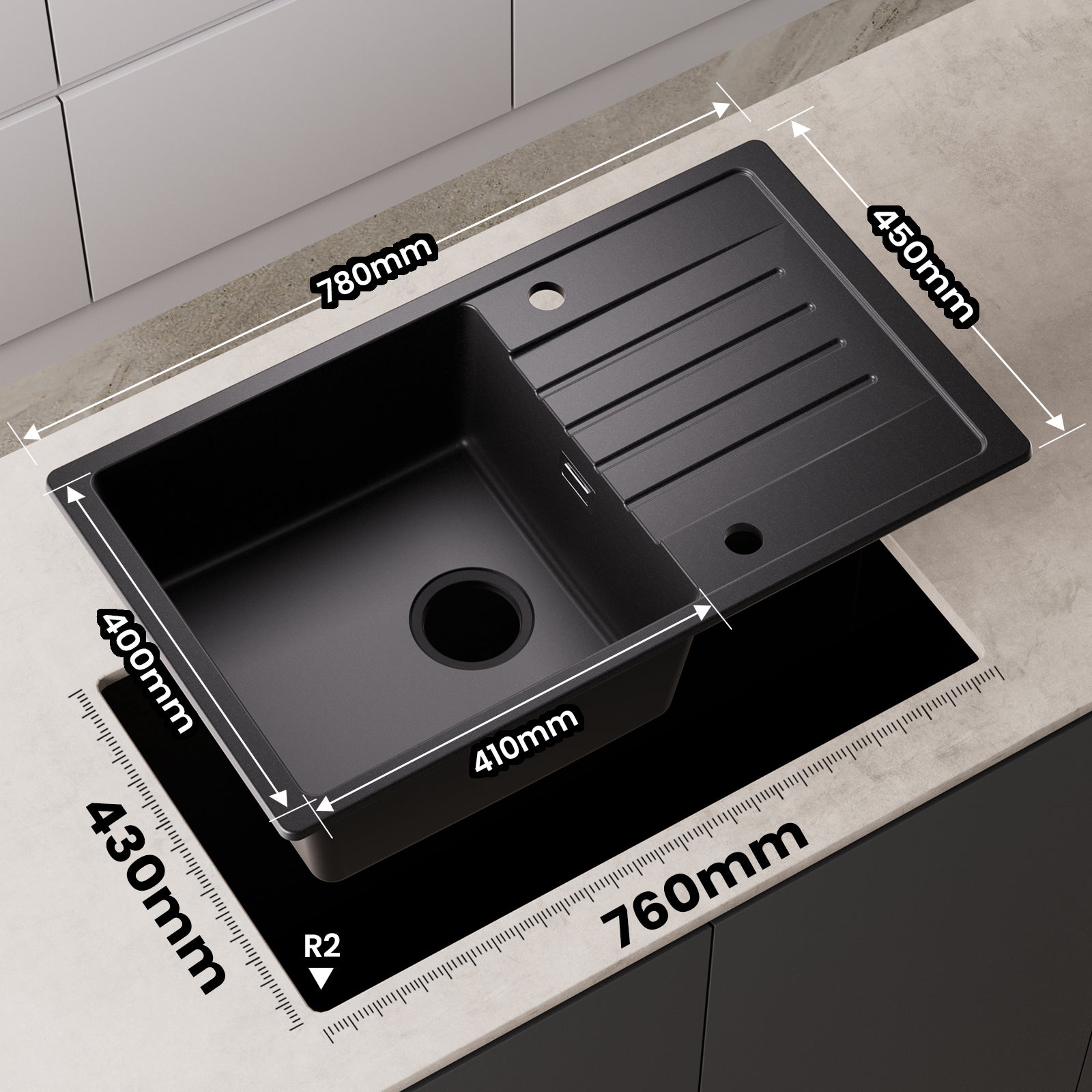 Fregadero CECIPA MAX 1 seno 78x45cm con escurridor - Fregadero encastrable de cuarzo y resina - Fregadero con balda Negro!!! - 4