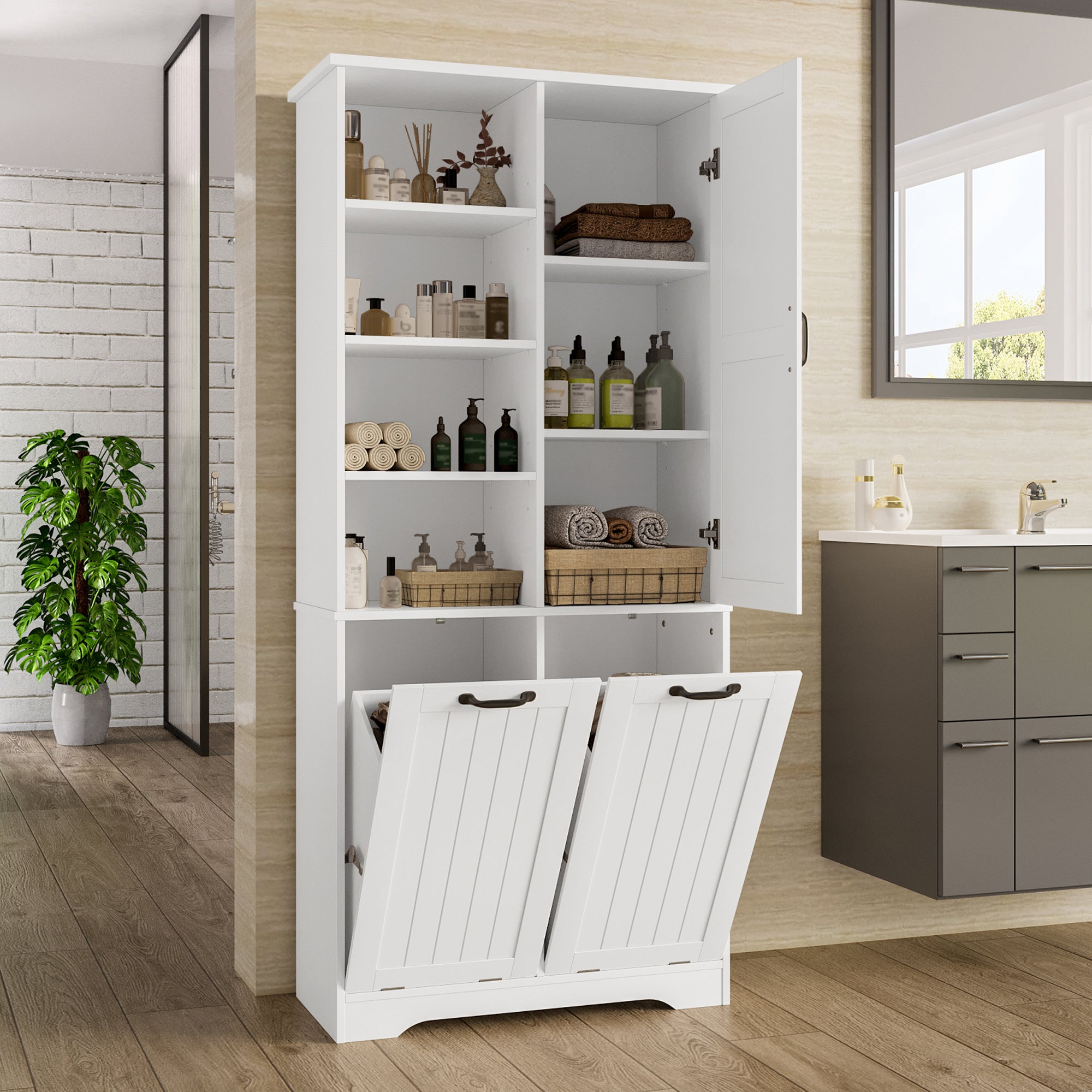 Szafka łazienkowa z 1 drzwiami, 2 koszami na pranie i 3 przegródkami - 78 x 35 x 172 cm - MDF - Biała