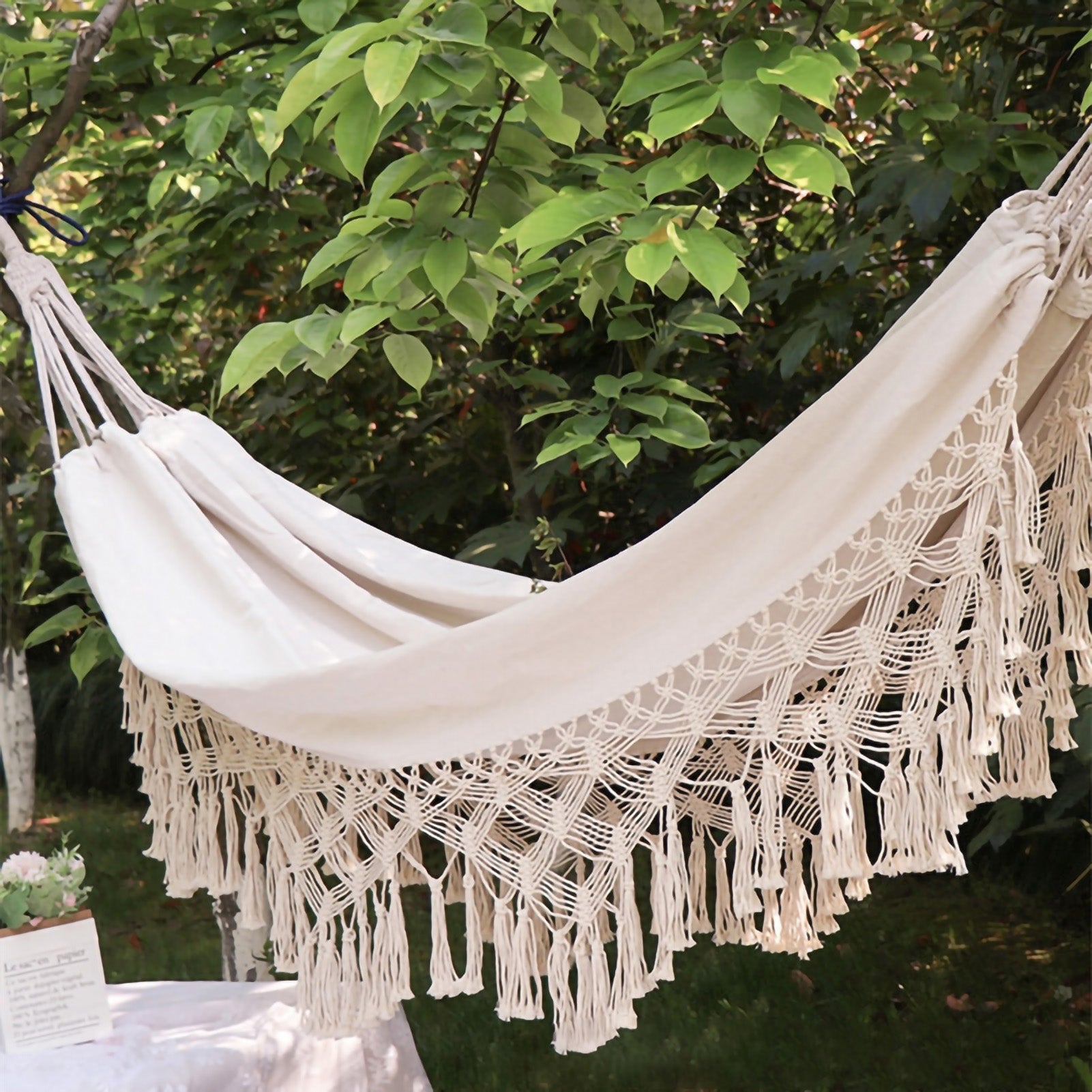 Hamac double portable rustique à pompons pour adulte avec 2 cordes d'attache et sac de rangement pour camping intérieur et extérieur Beige - 2