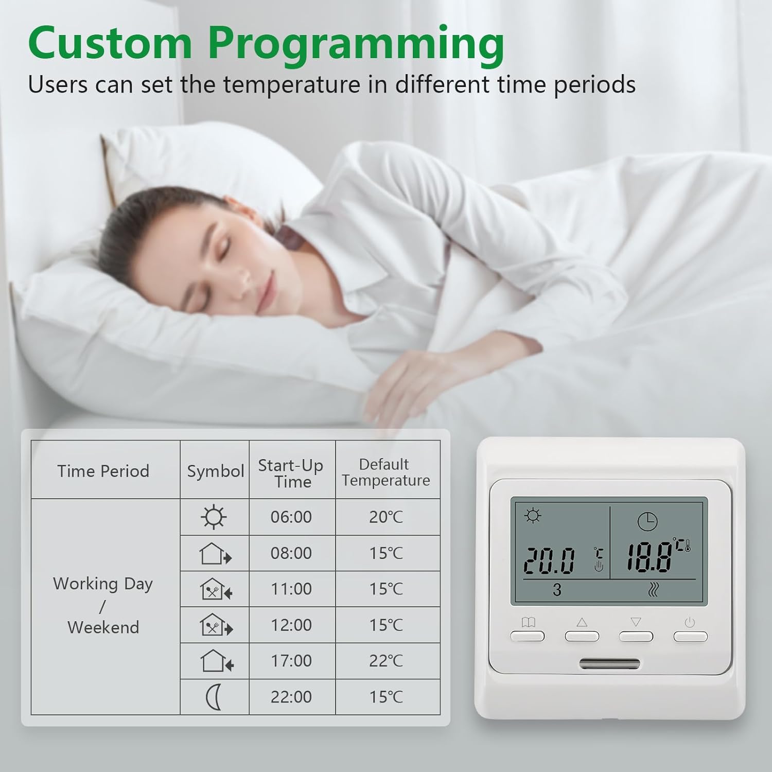 Thermostat programmable hebdomadaire à affichage numérique blanc, AC230V 16A, adapté au chauffage par le sol électrique avec sonde de 3 m - 3