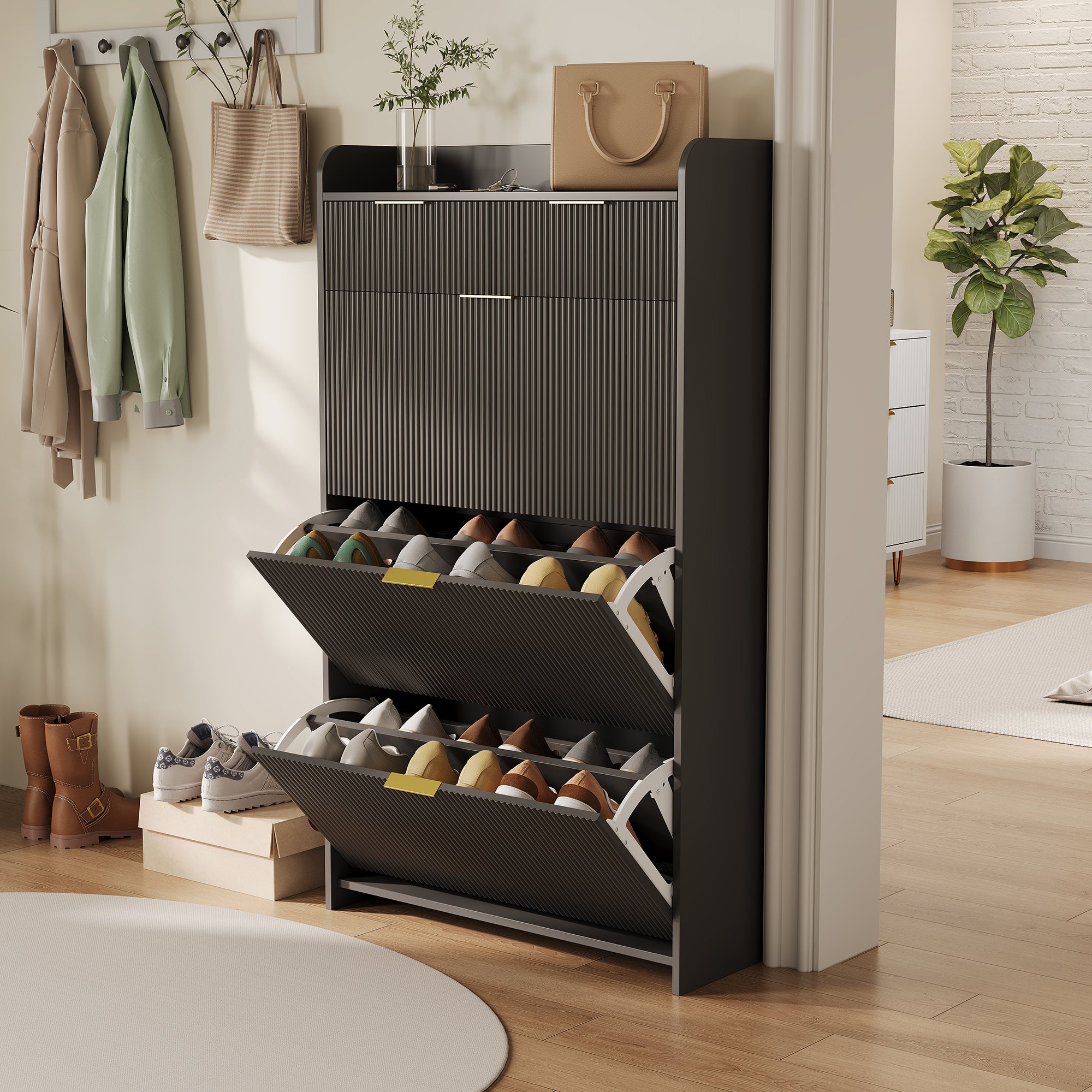 Meuble à chaussures étroit, en bois, doté de 3 portes rabattables et de 2 tiroirs, idéal pour l'entrée ou le couloir, Noir - 3