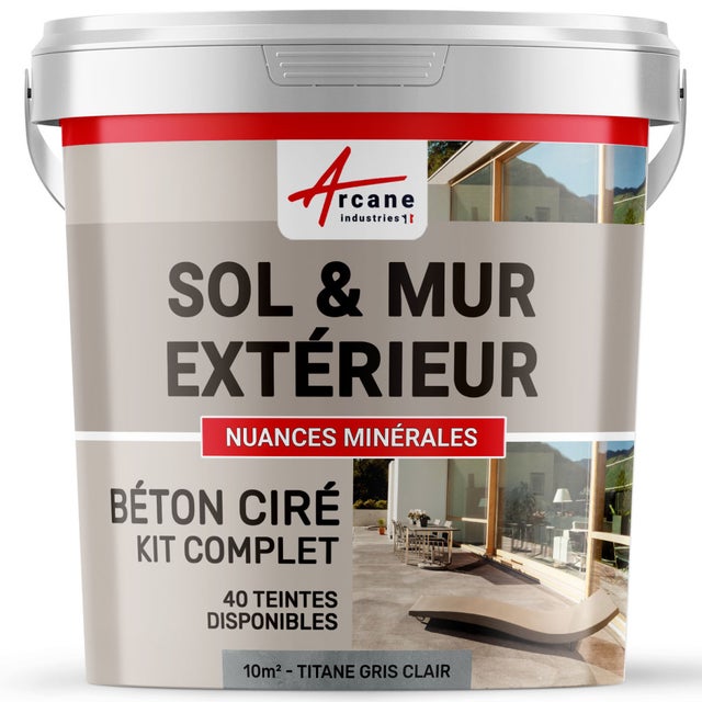 KIT BETON CIRE EXTERIEUR : Pour sol, mur, terrasse, balcon, escalier - 10 m² (en 2 couches) Titane Gris Clair - ARCANE INDUSTRIES