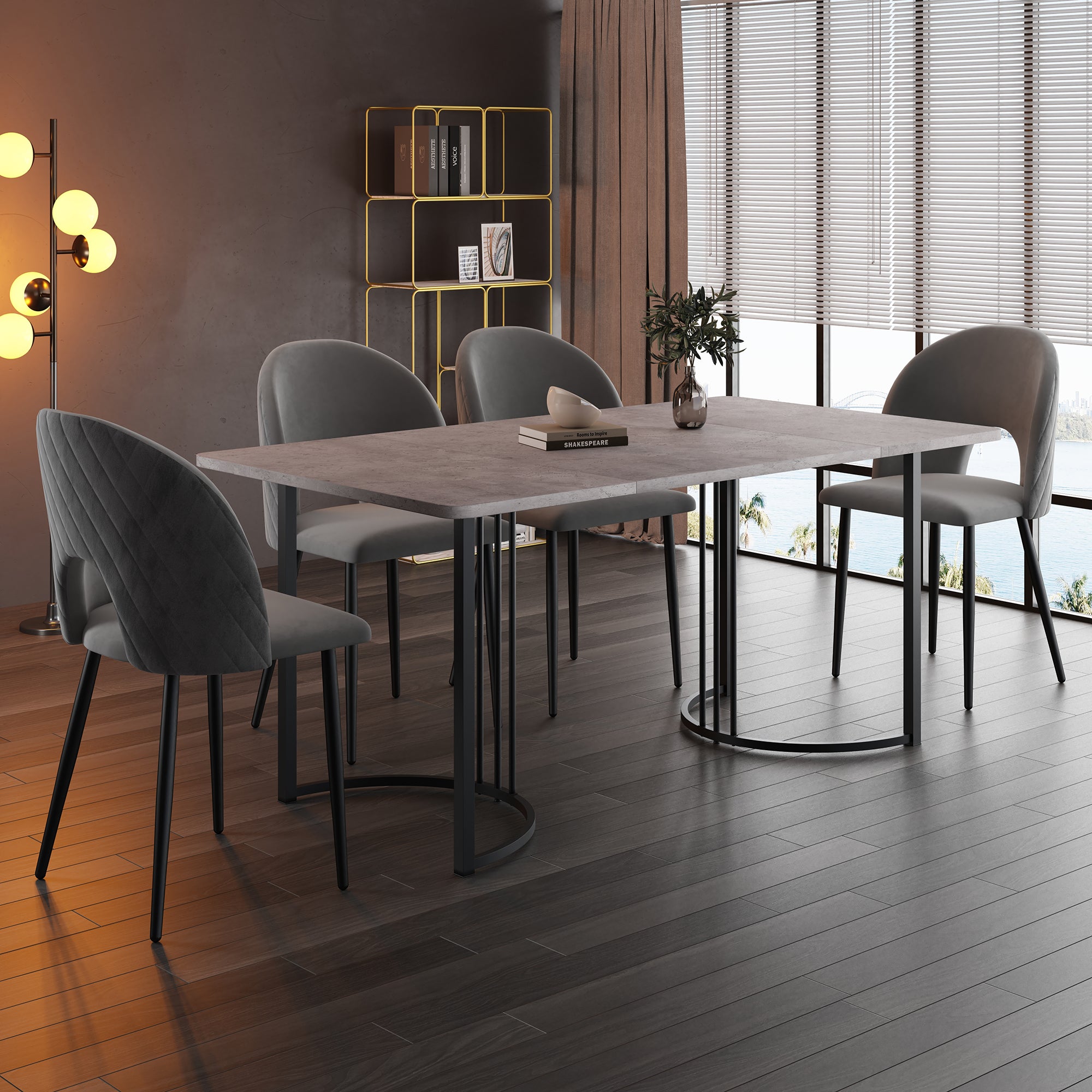 Ensemble Table à Manger, 4 Chaises Velours Rotin, Plateau De Table En Panneaux Particules, Noir+gris - Ensemble table et chaises