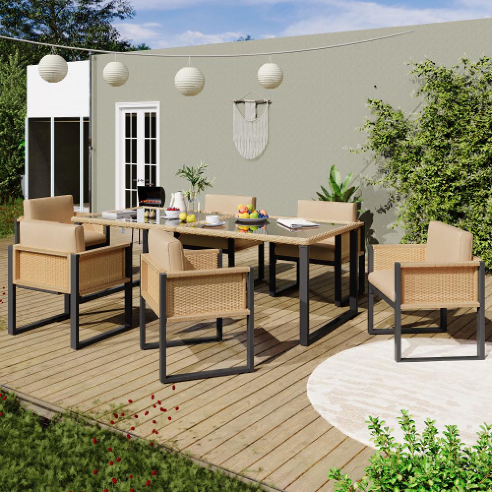 Ensemble table et chaises polyrattan – mobilier jardin 6 personnes, housses amovibles et lavables. - 3