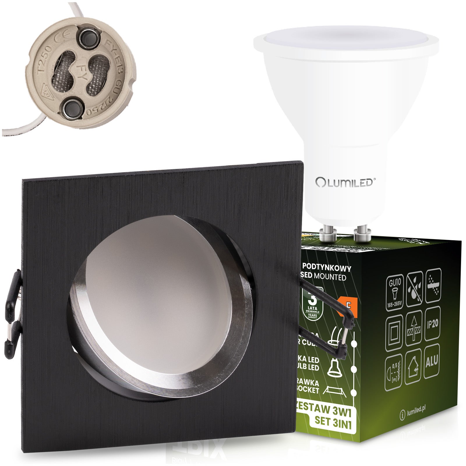 Oprawa Halogenowa Oczko Lumiled Podtynkowa Kwadratowa Ruchoma 3w1 GU10 6W 4000K Neutralna biel Czarny