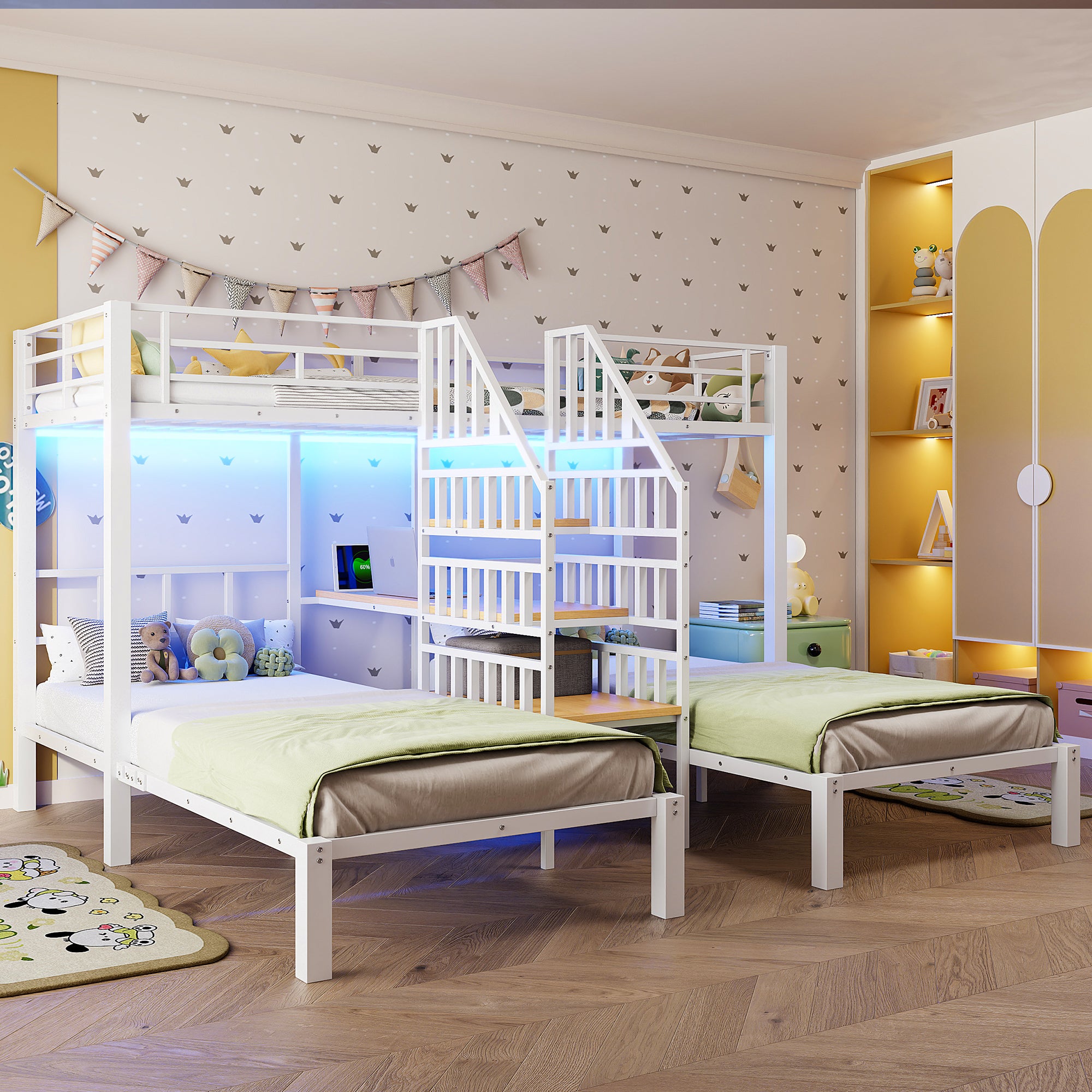Lit Superposé 3 Places 90x200 cm avec Bureau et Étagères, Lit Triple Métal MDF Blanc, LED USB Prise Intégrées, Échelle Rangement,Sans Matelas - 4