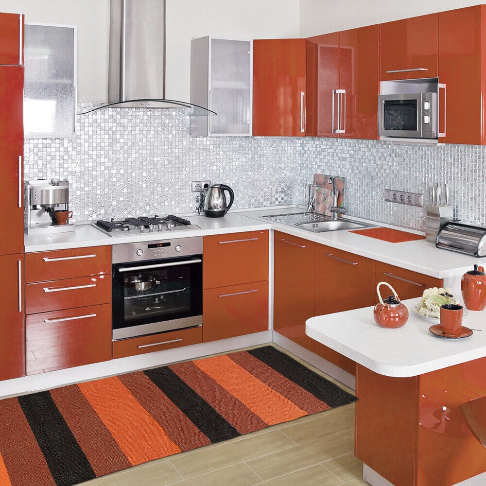 Alfombra de Baño Cocina 55X280 cm Algodón Puro Suave Absorbente Lavable Tejidas a Mano Rayas Grandes Naranja - 4