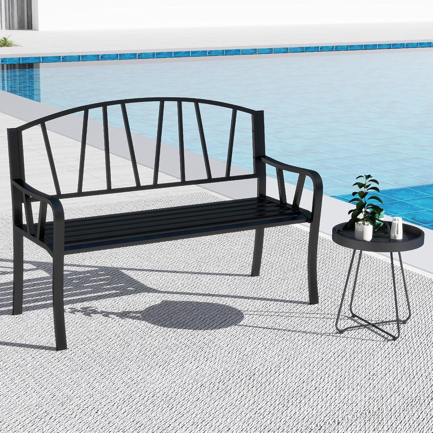 Banc de Jardin Extérieur 2-3 Places Charge 300KG avec Cadre en Métal Antirouille 129x53x93cm Noir - 8