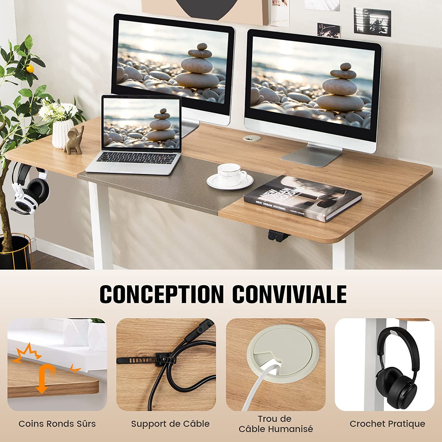 Bureau Assis Debout 70 x 140 cm, Bureau Électrique Réglable en Hauteur avec Mono-Moteur, Support de Câble, Crochet, Naturel Foncé - 4