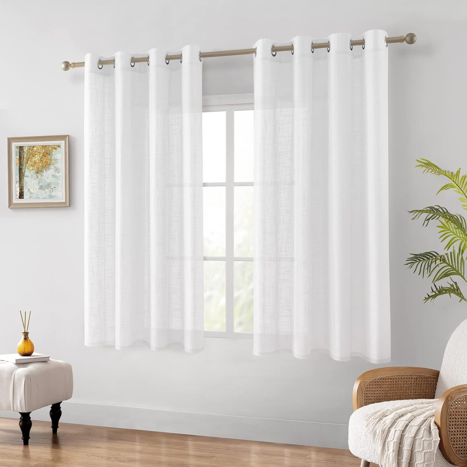 Set de 2 Perdele Voal Albe 132x160cm cu Efect de In Imitatie Cu Oeileti Perdele Voal Decoratie Camera Scurte Voaluri interioare pentru Camera 2buc