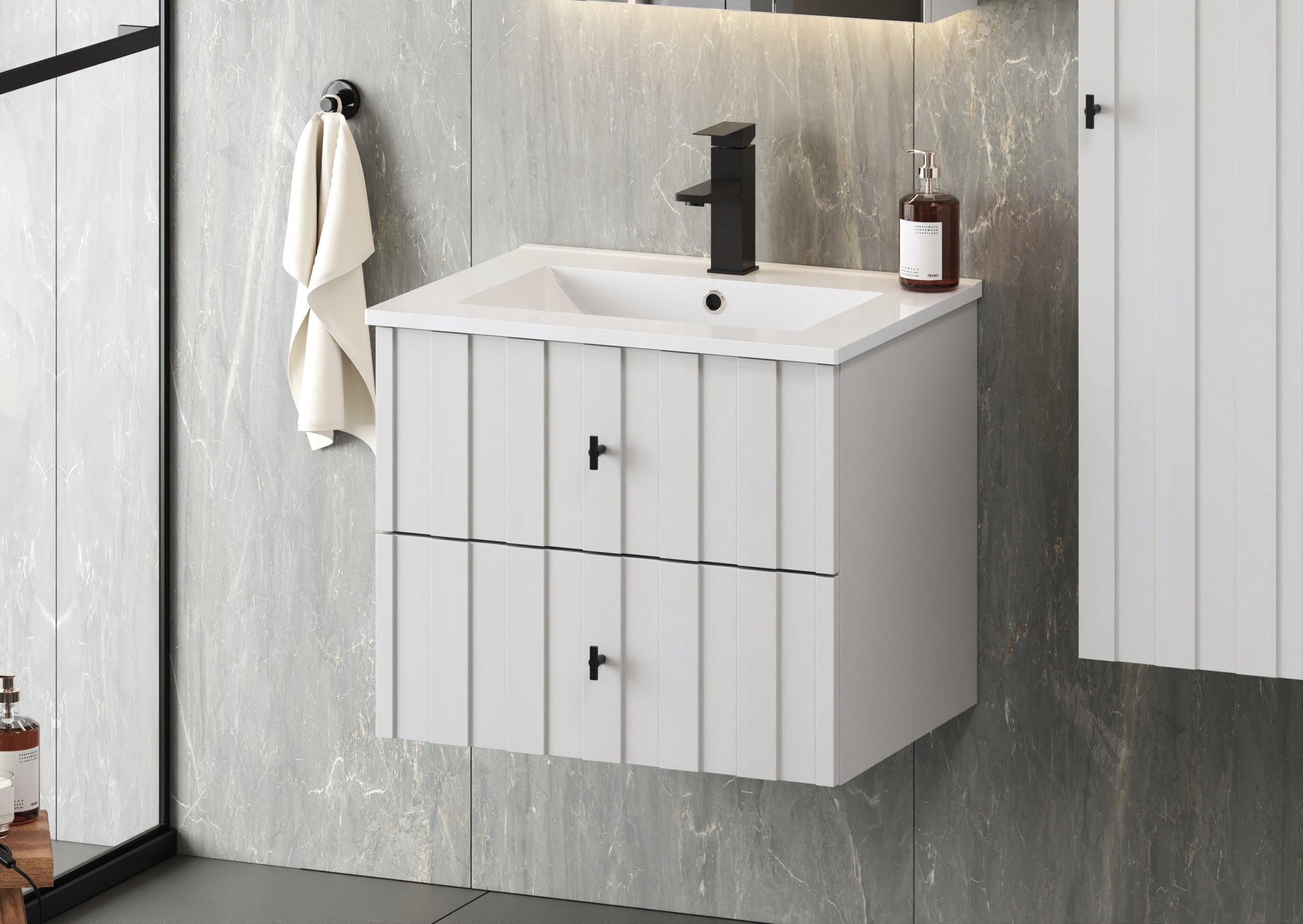 Szafka łazienkowa ELEGANTE 60 cm biała wisząca złote uchwyty mat - 9