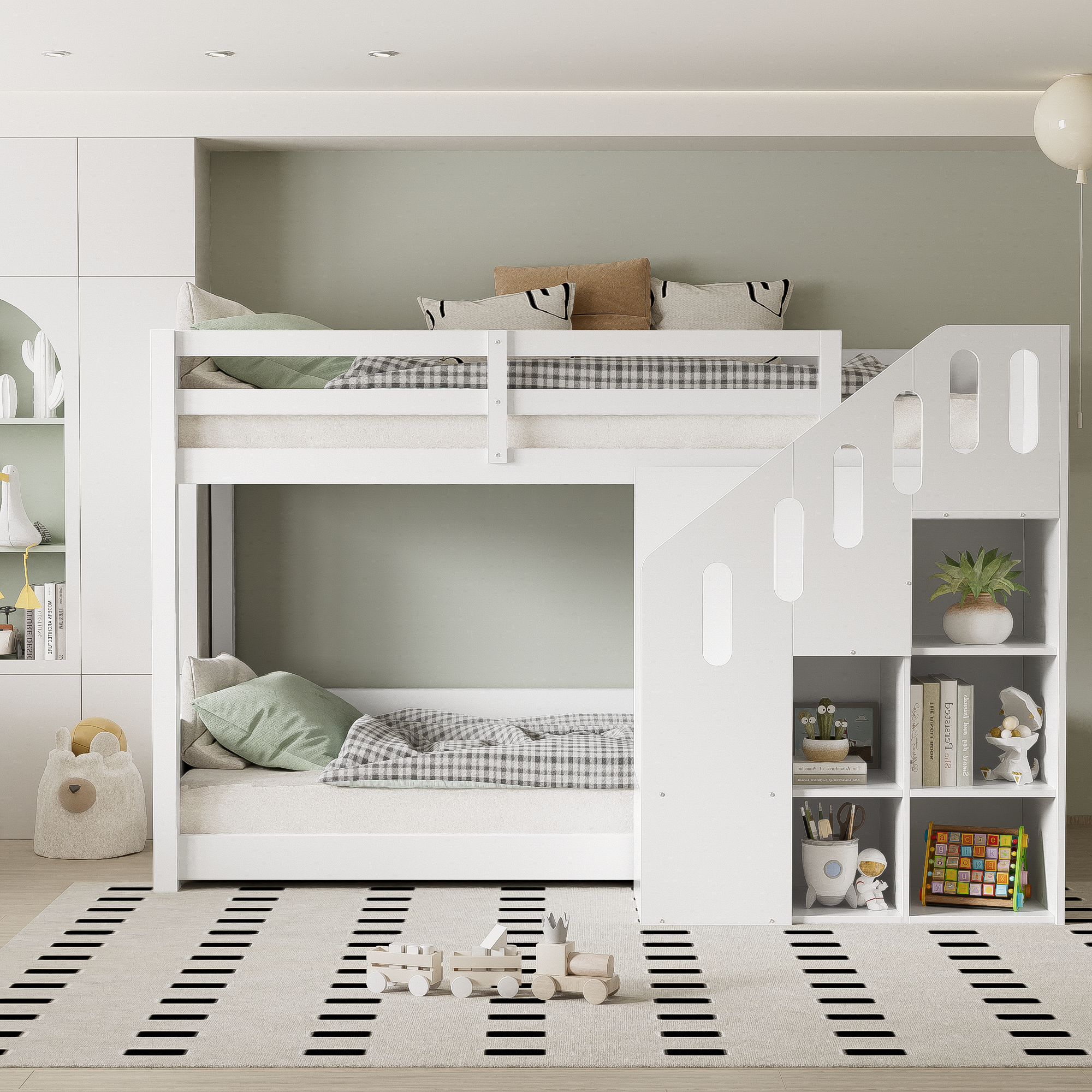 Lit superposé pour enfant - 2x90x200 cm - avec casier d'escalier et garde-corps - Blanc (sans matelas) - 2