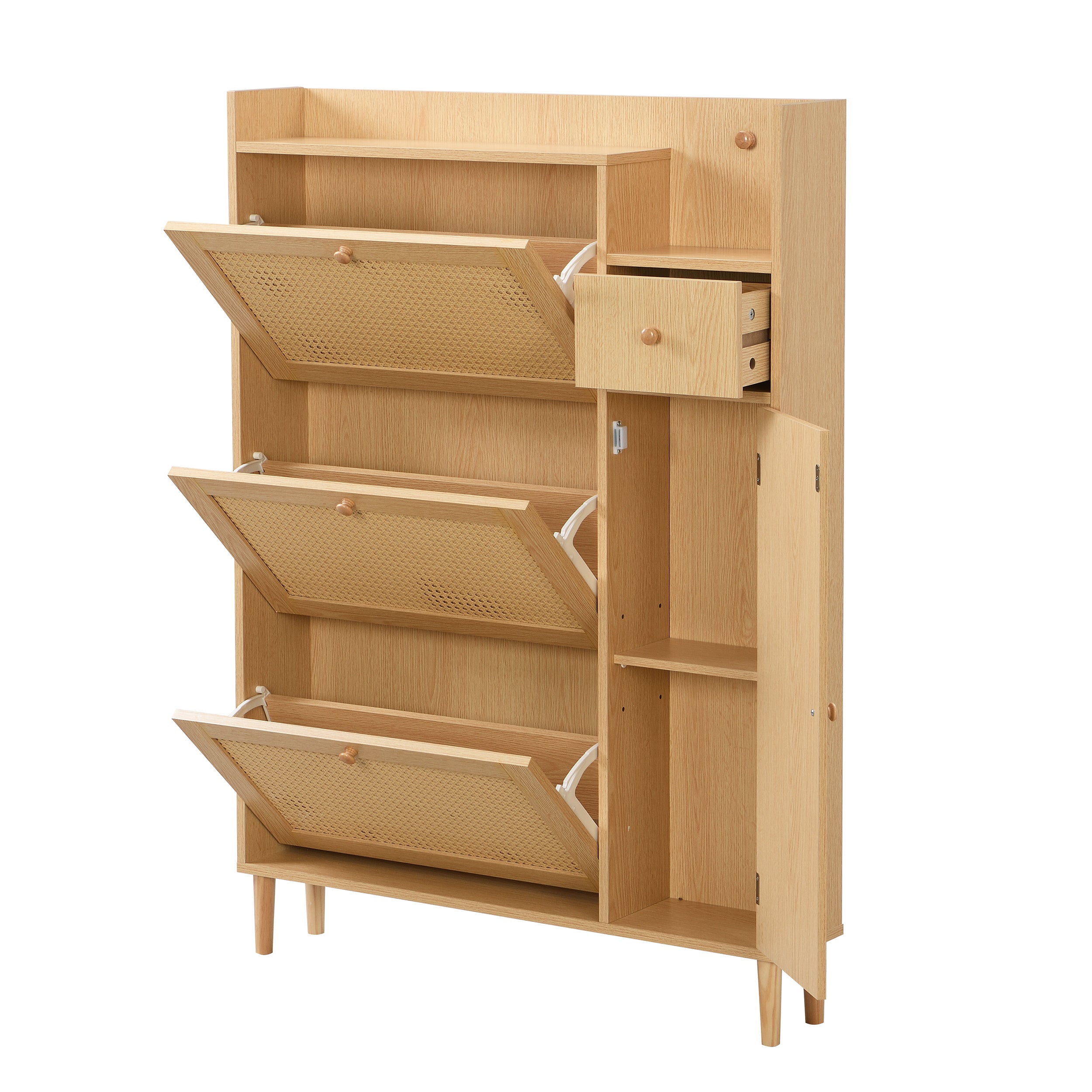 Meuble à chaussures en bois et rotin - 3 portes abattants et 1 tiroir - étagère réglable - Naturel - 3